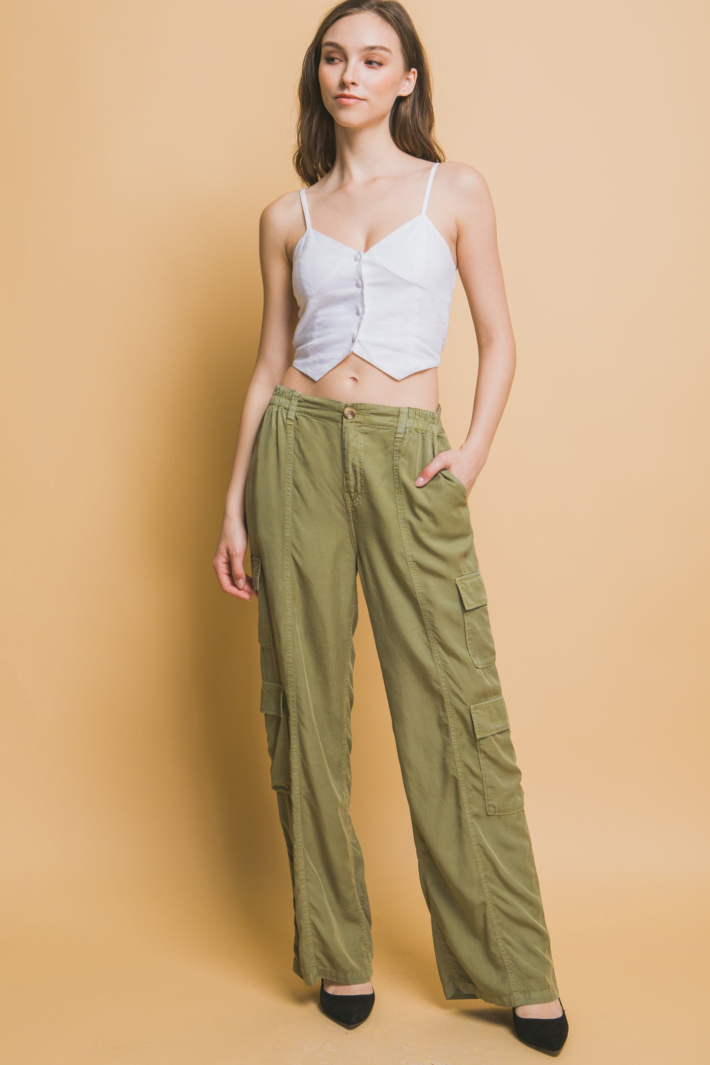 Women's Tencel Pants Wide Leg Cargo Full-length Soft Work Casual Trousers