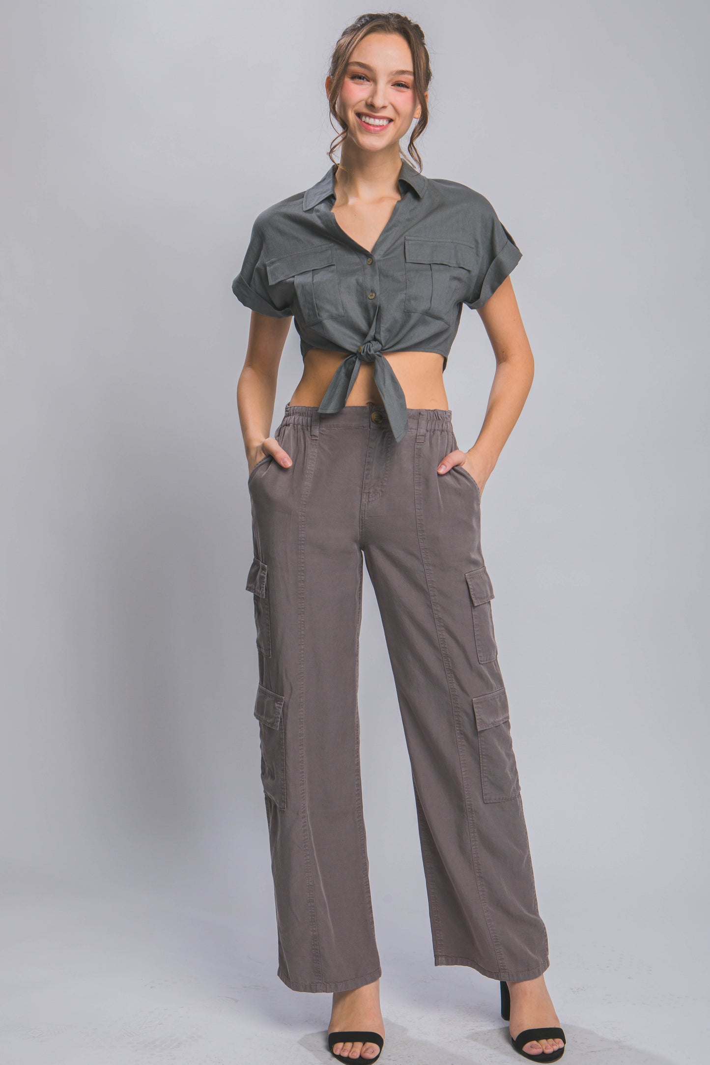 Women's Tencel Pants Wide Leg Cargo Full-length Soft Work Casual Trousers