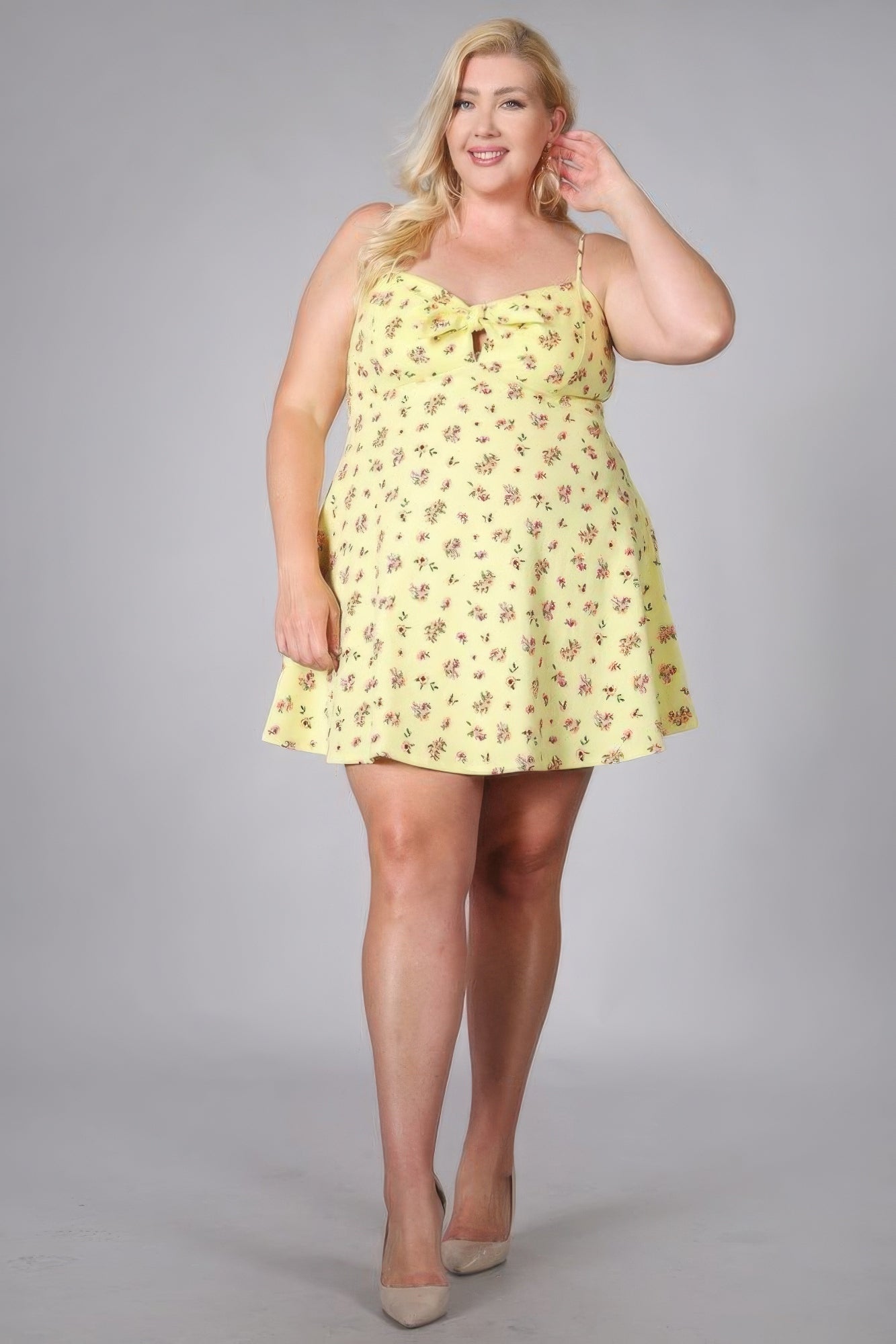 Womens Plus Size Floral Print Dress Fit Flare Sweetheart Neck Front Tie Cami Top