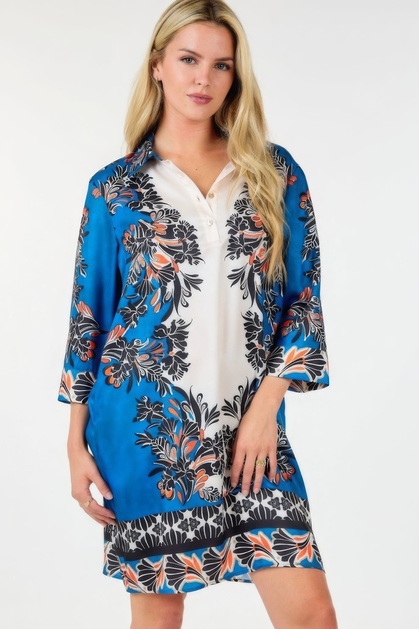 Women's Multi-color Printed Mini Dress Collar Neck 3/4 Sleeve Shirt Tunic