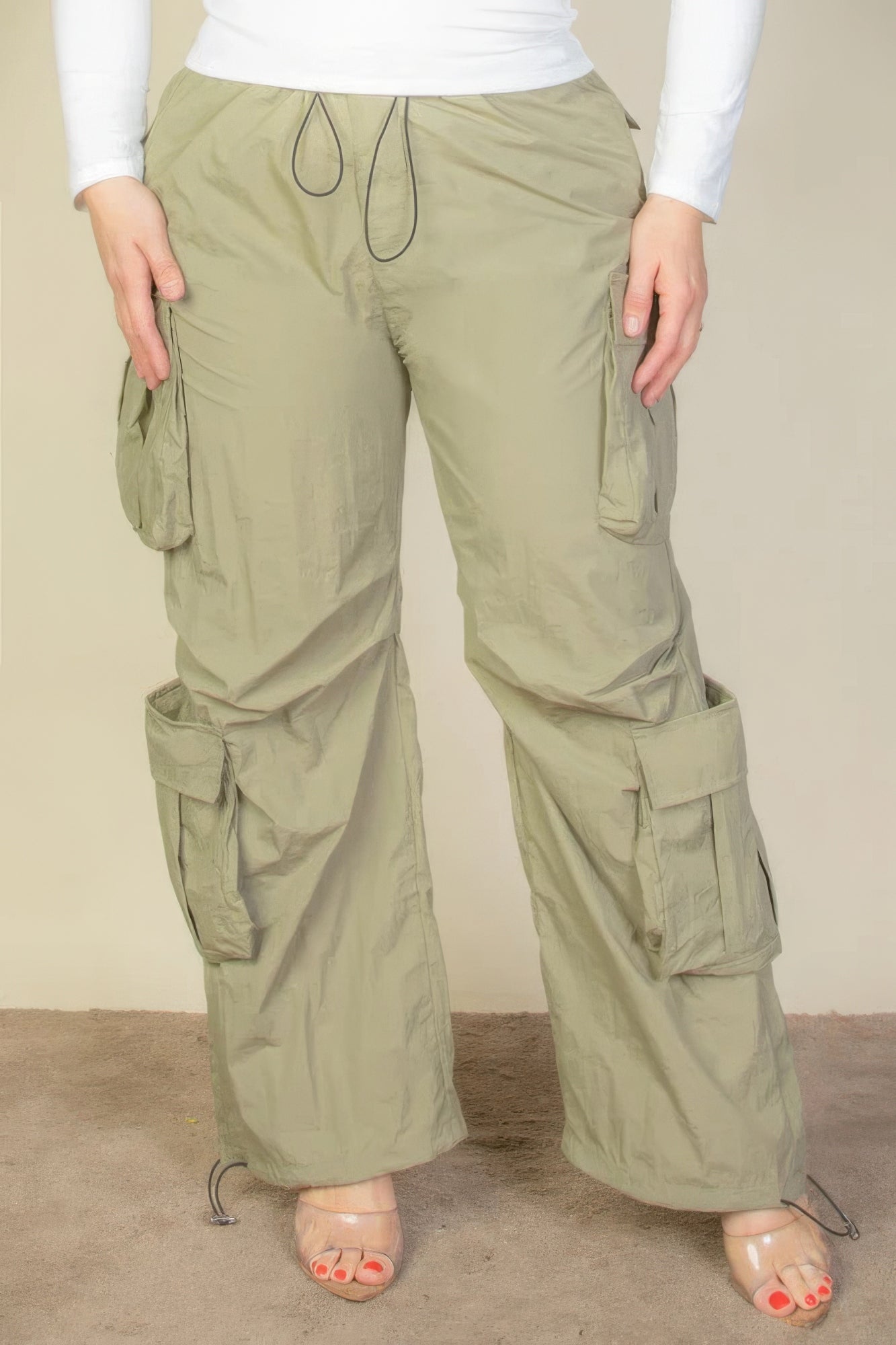 Women's Plus Size Drawstring Ruched Parachute Cargo Pants Flap Pockets Trousers