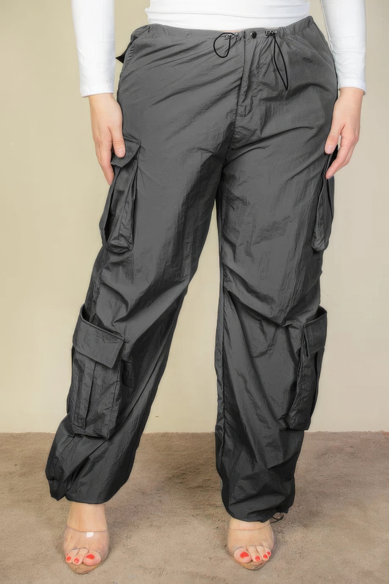 Women's Plus Size Drawstring Ruched Parachute Cargo Pants Flap Pockets Trousers