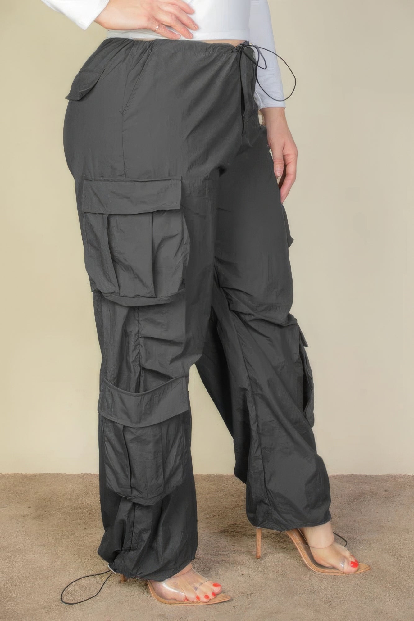 Women's Plus Size Drawstring Ruched Parachute Cargo Pants Flap Pockets Trousers