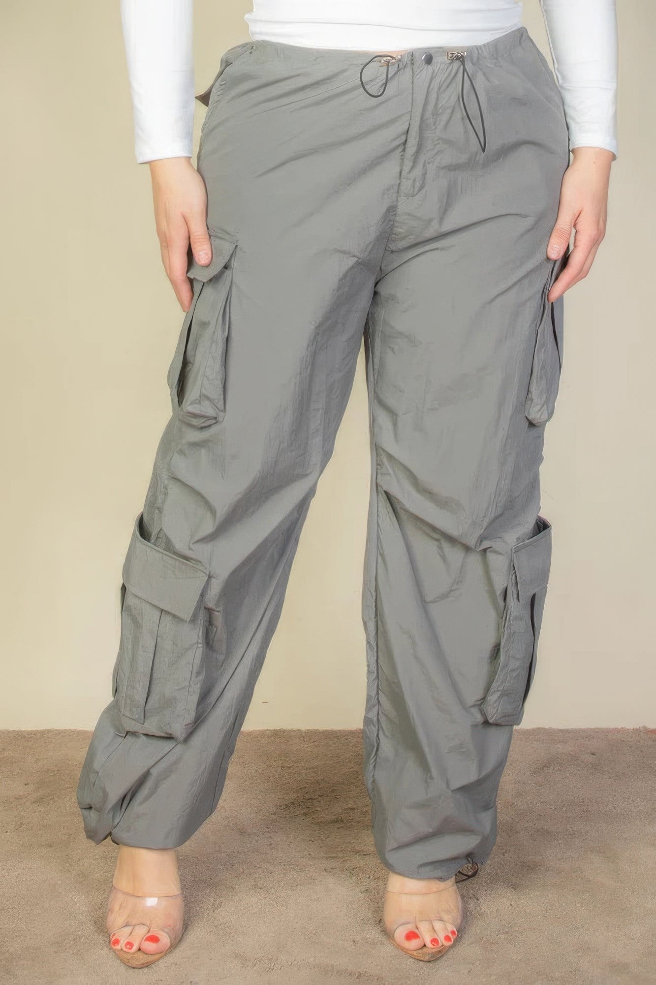Women's Plus Size Drawstring Ruched Parachute Cargo Pants Flap Pockets Trousers