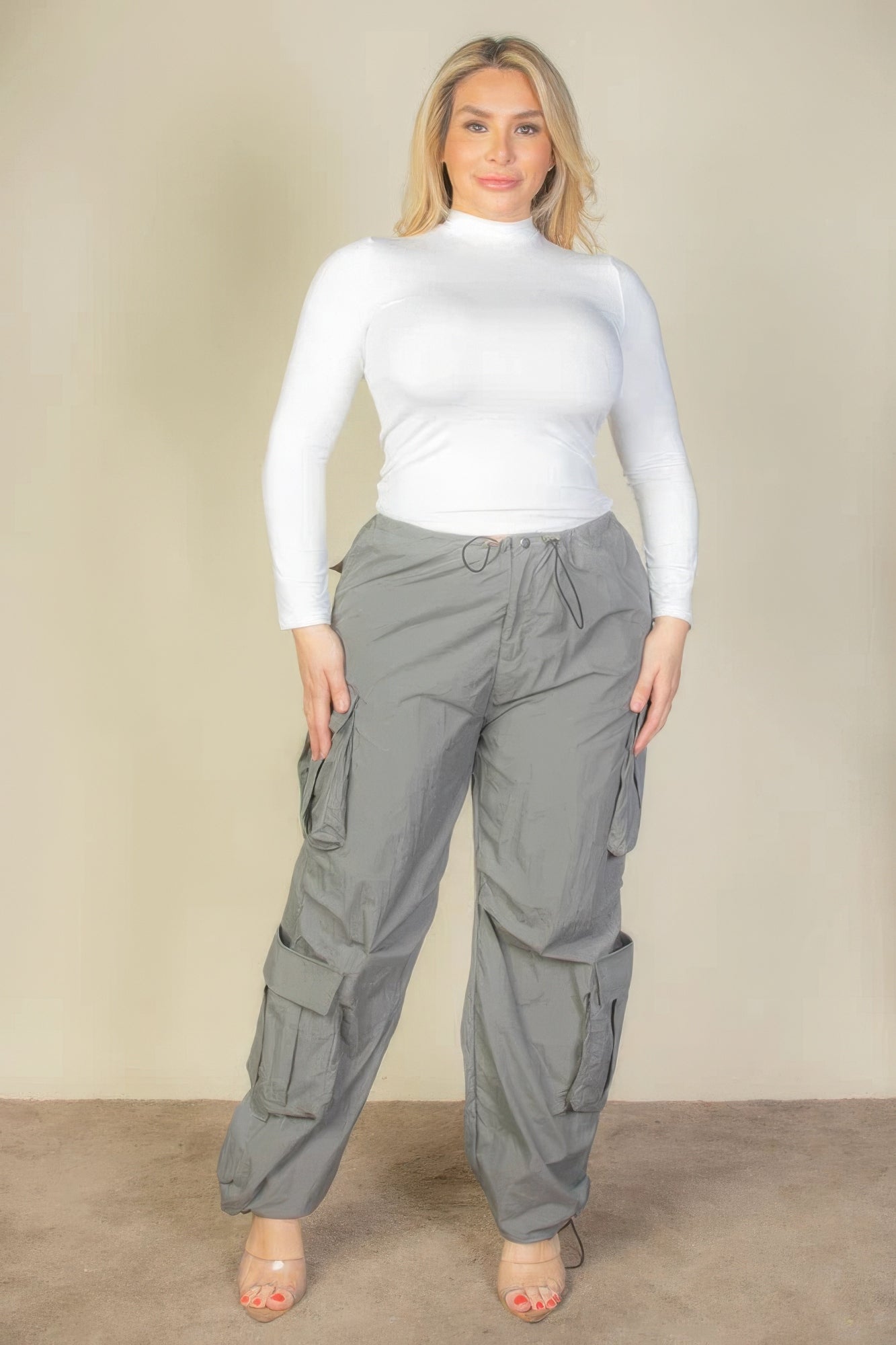 Women's Plus Size Drawstring Ruched Parachute Cargo Pants Flap Pockets Trousers
