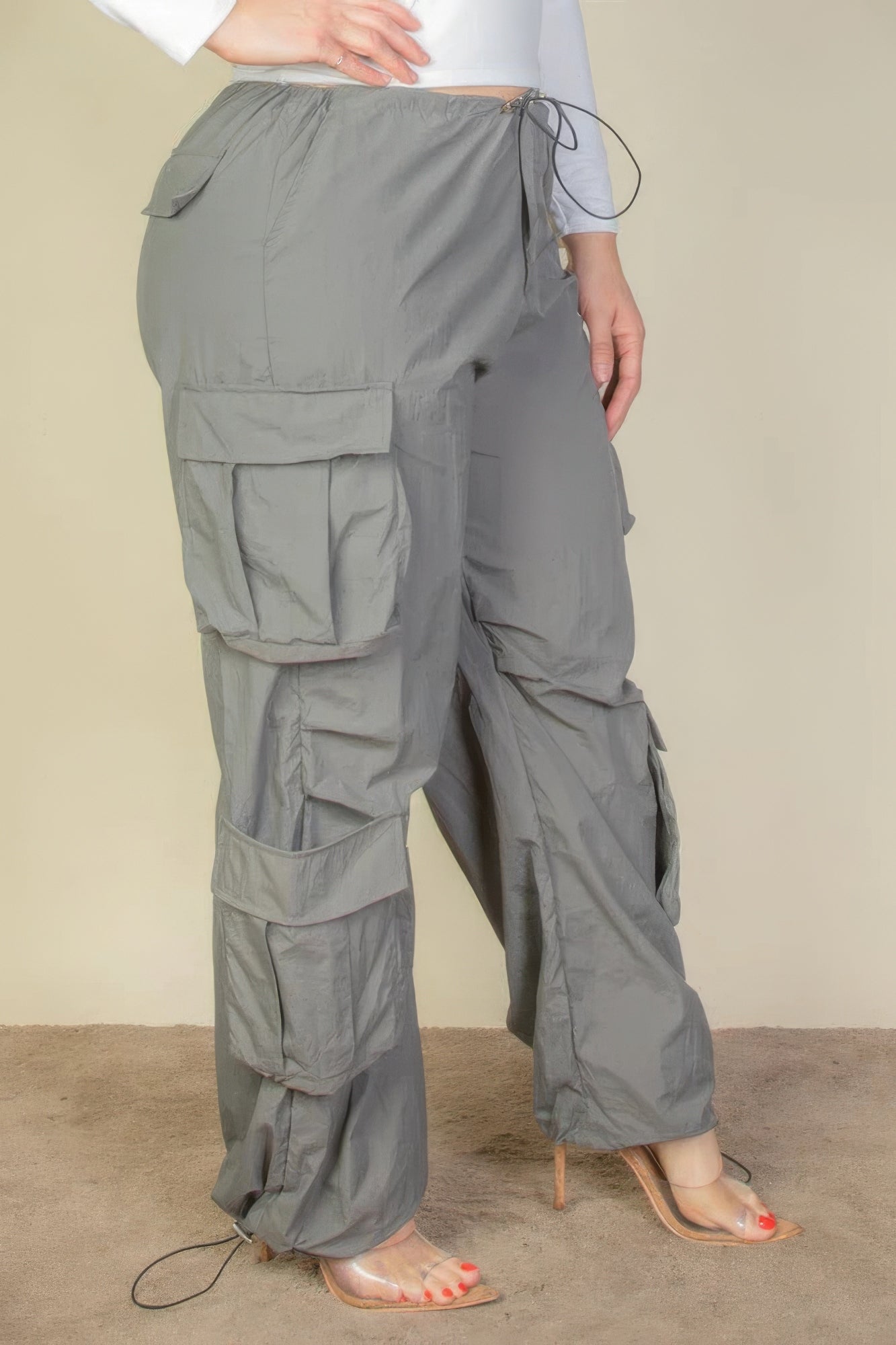 Women's Plus Size Drawstring Ruched Parachute Cargo Pants Flap Pockets Trousers