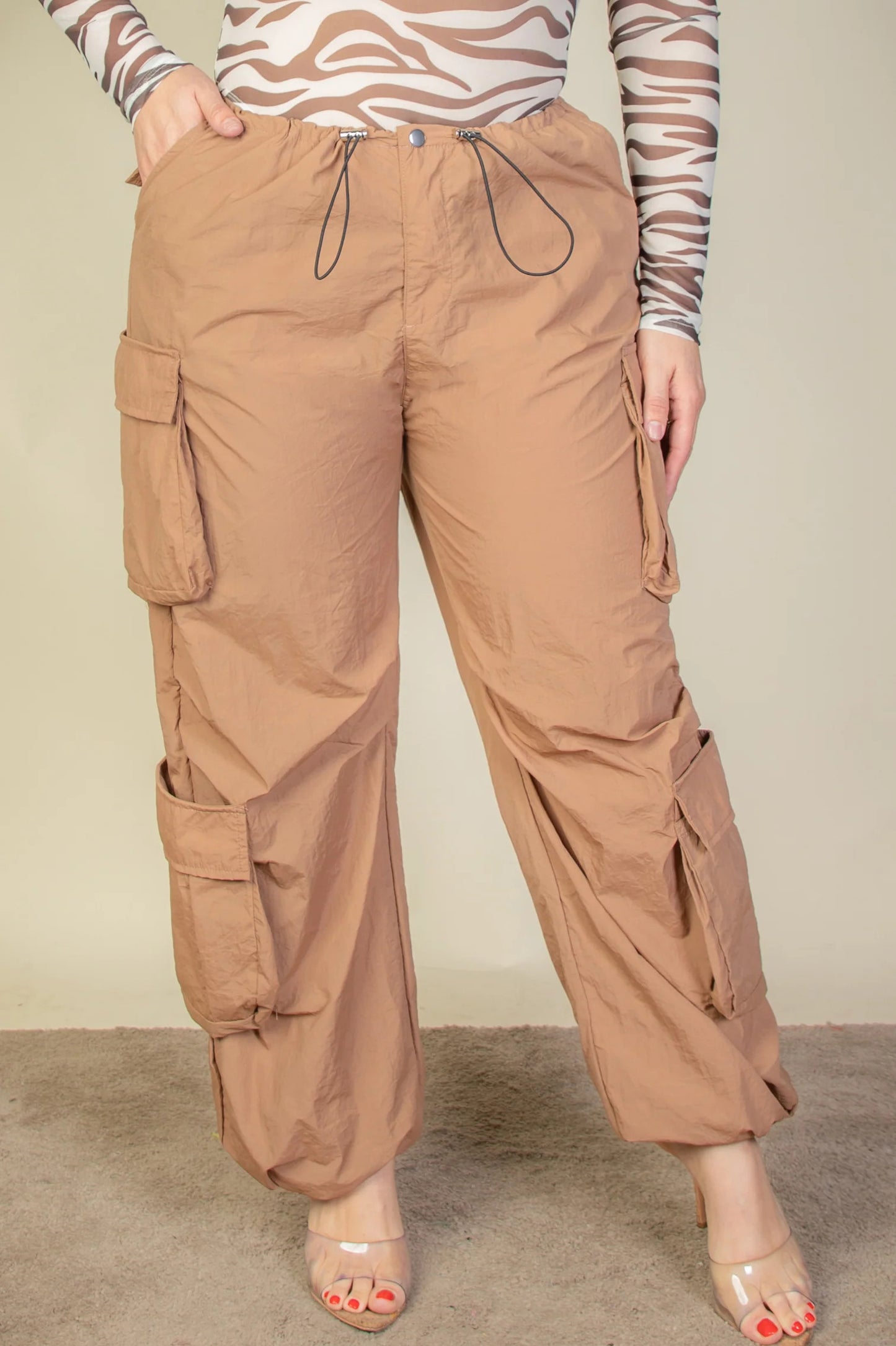 Women's Plus Size Drawstring Ruched Parachute Cargo Pants Flap Pockets Trousers