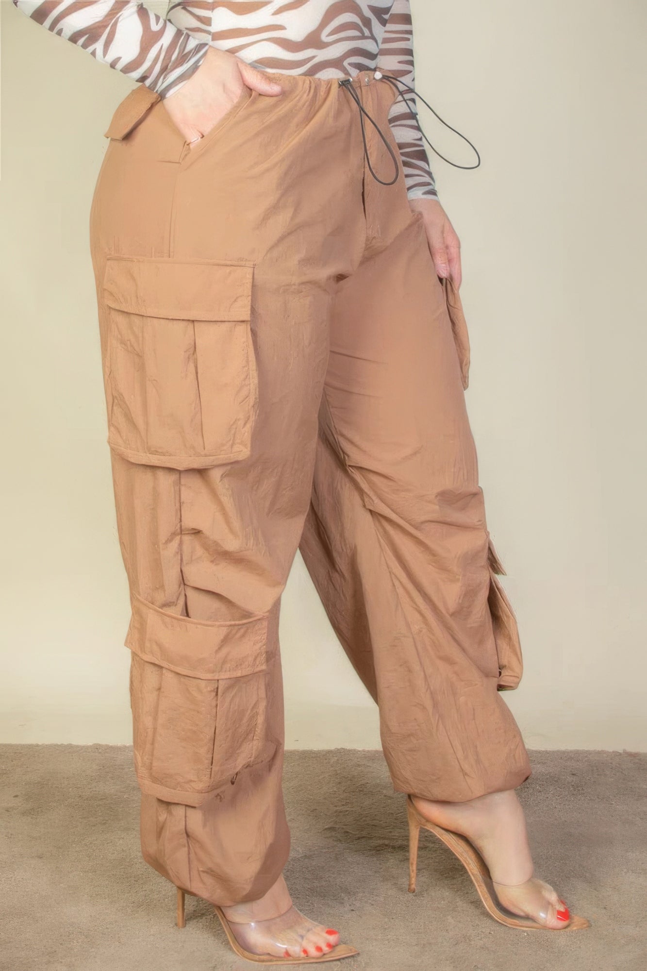 Women's Plus Size Drawstring Ruched Parachute Cargo Pants Flap Pockets Trousers