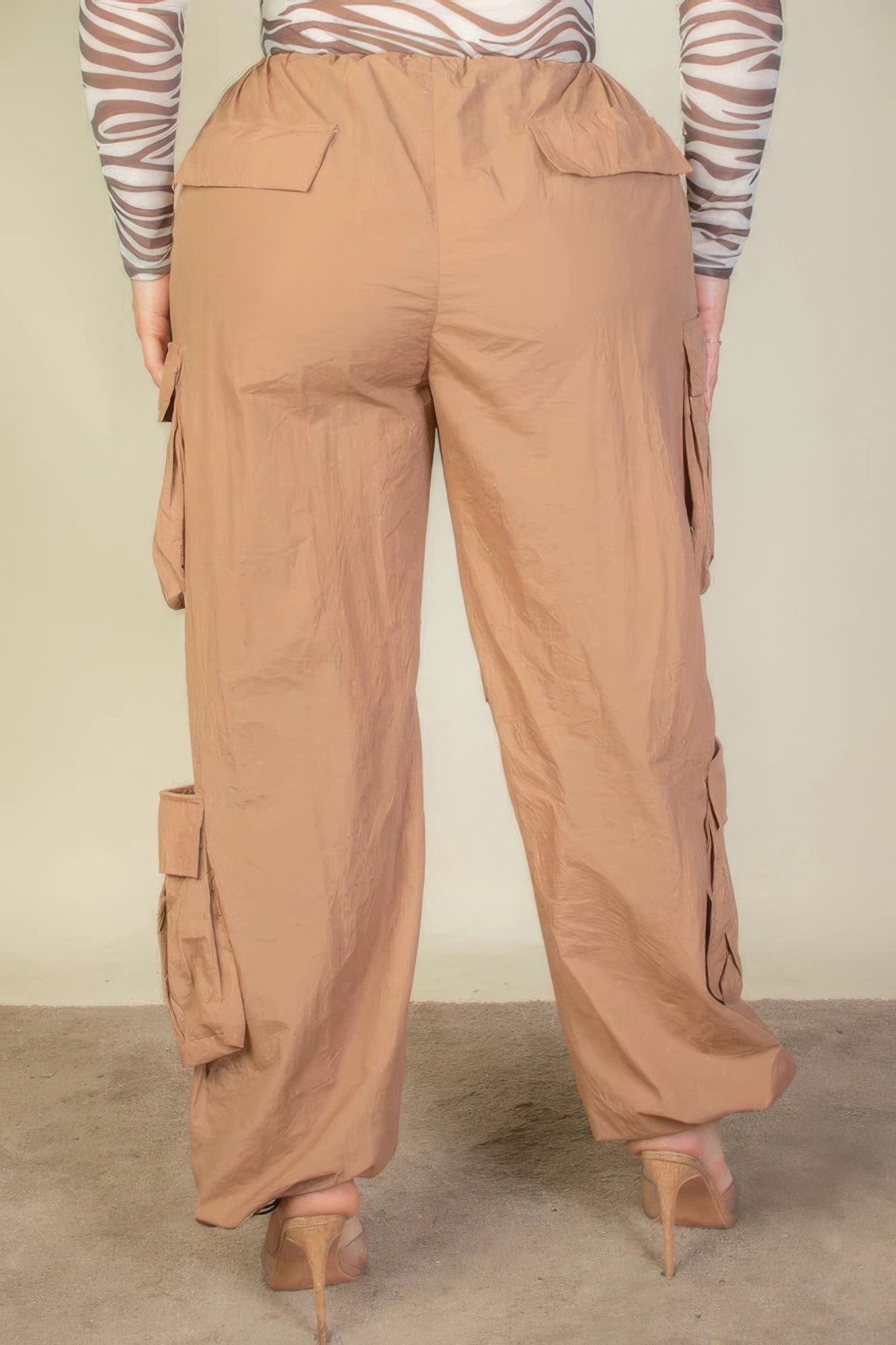 Women's Plus Size Drawstring Ruched Parachute Cargo Pants Flap Pockets Trousers