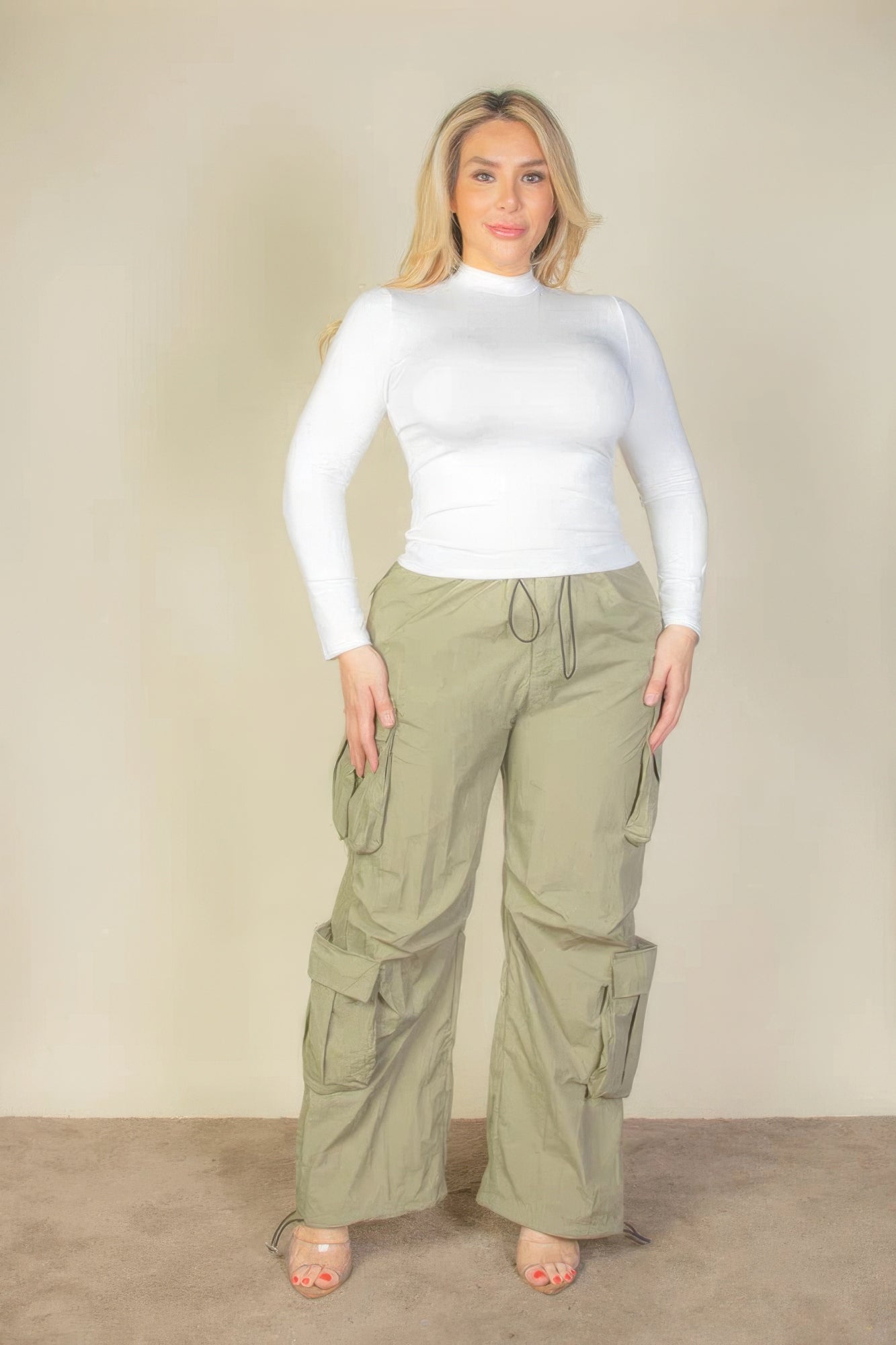 Women's Plus Size Drawstring Ruched Parachute Cargo Pants Flap Pockets Trousers