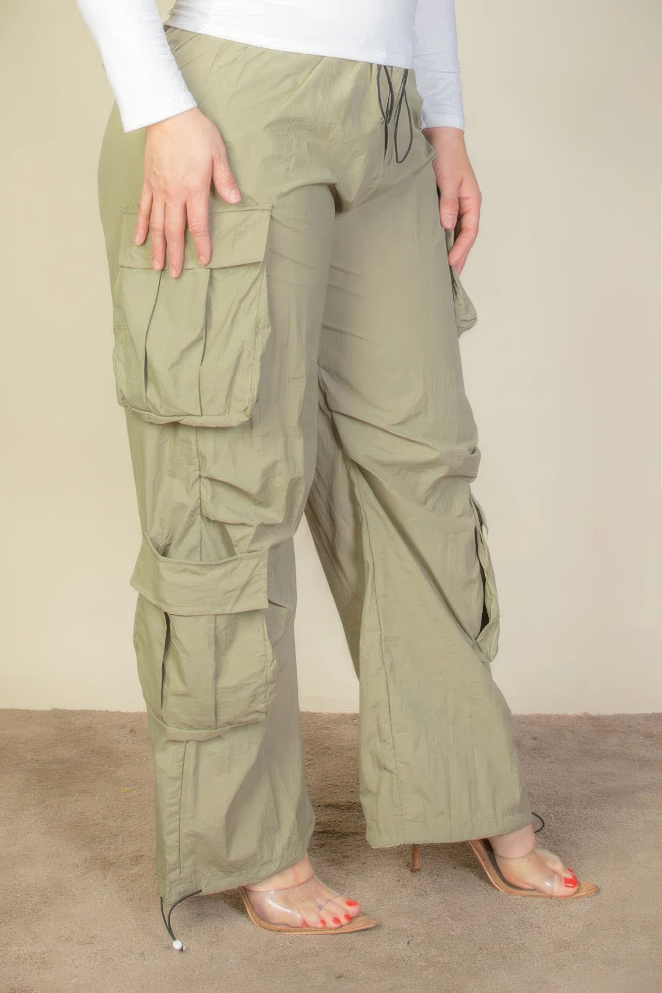 Women's Plus Size Drawstring Ruched Parachute Cargo Pants Flap Pockets Trousers