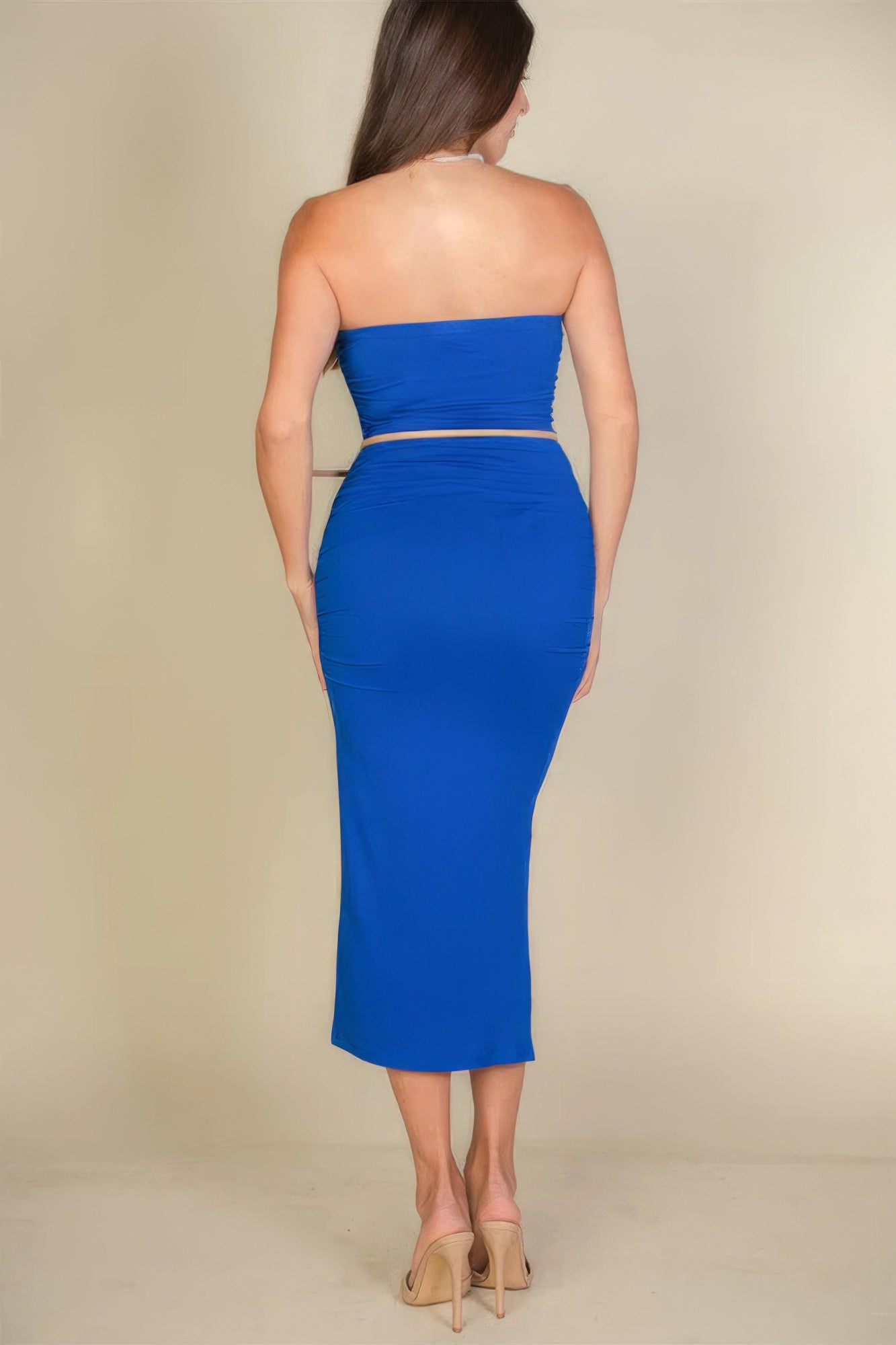 Women's Split Hem Tube Top Bodycon Strapless Stretch Sleeveless Midi Dress