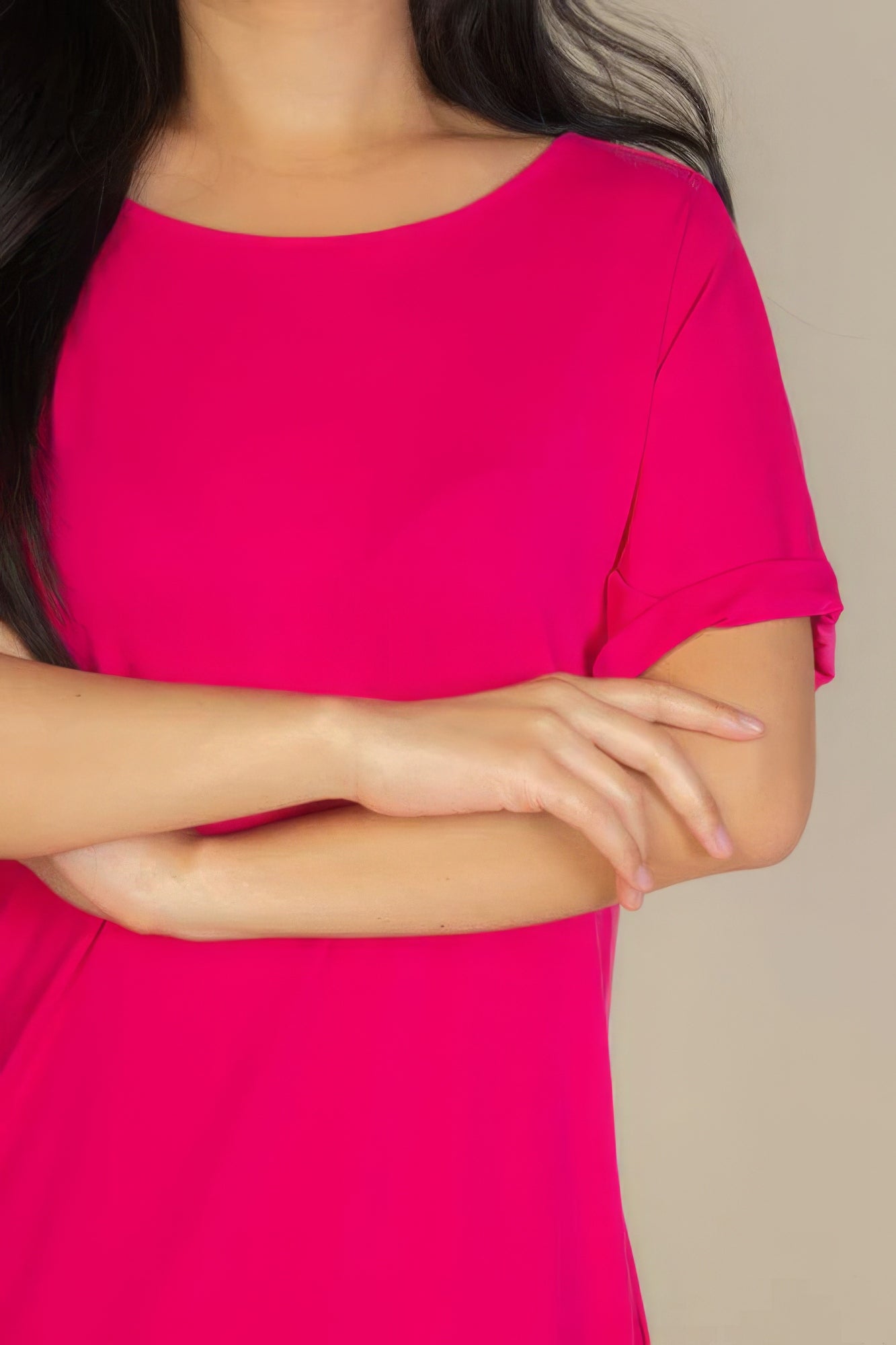 Women's Side Pocket Mini Dress Double Folded Short Sleeves Round Neck T-shirt