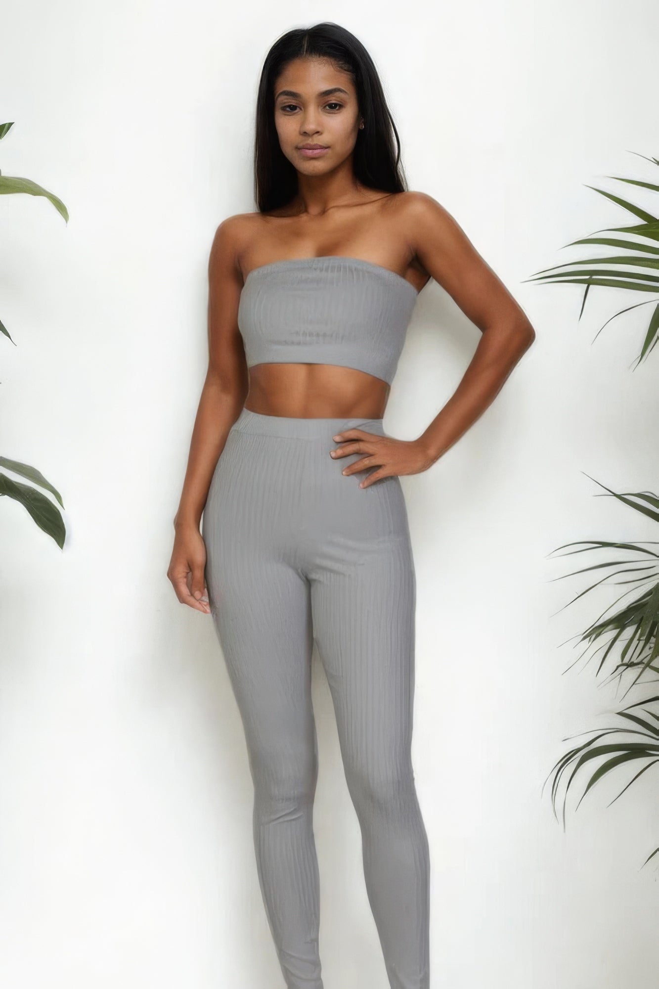 Women's Ribbed Tube Top & Leggings Stretch Bodycon Workout Yoga Set
