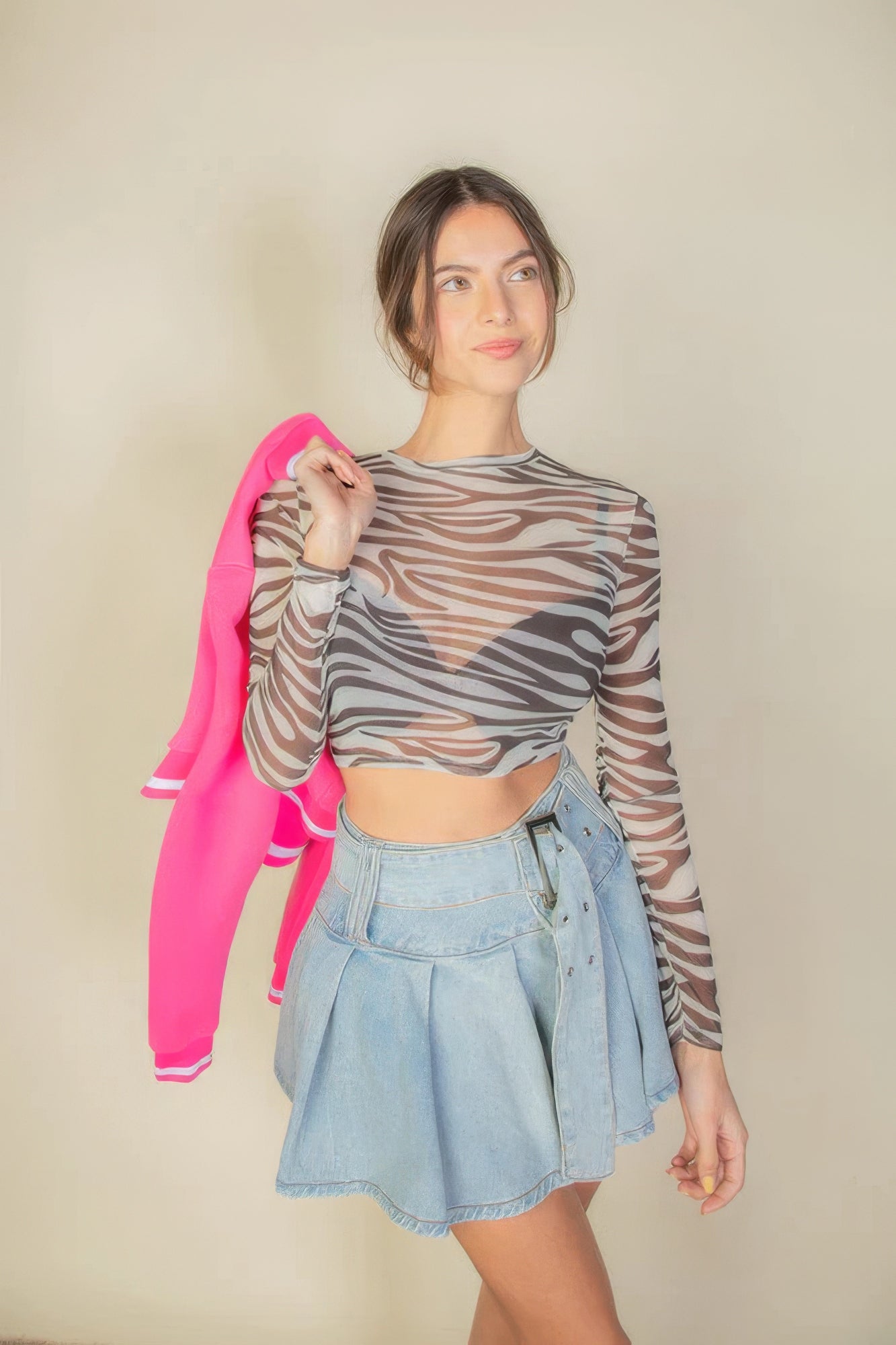 Women's Sheer Mesh Crop Top Zebra Print Round Neck Long Sleeve Stretch T-shirt