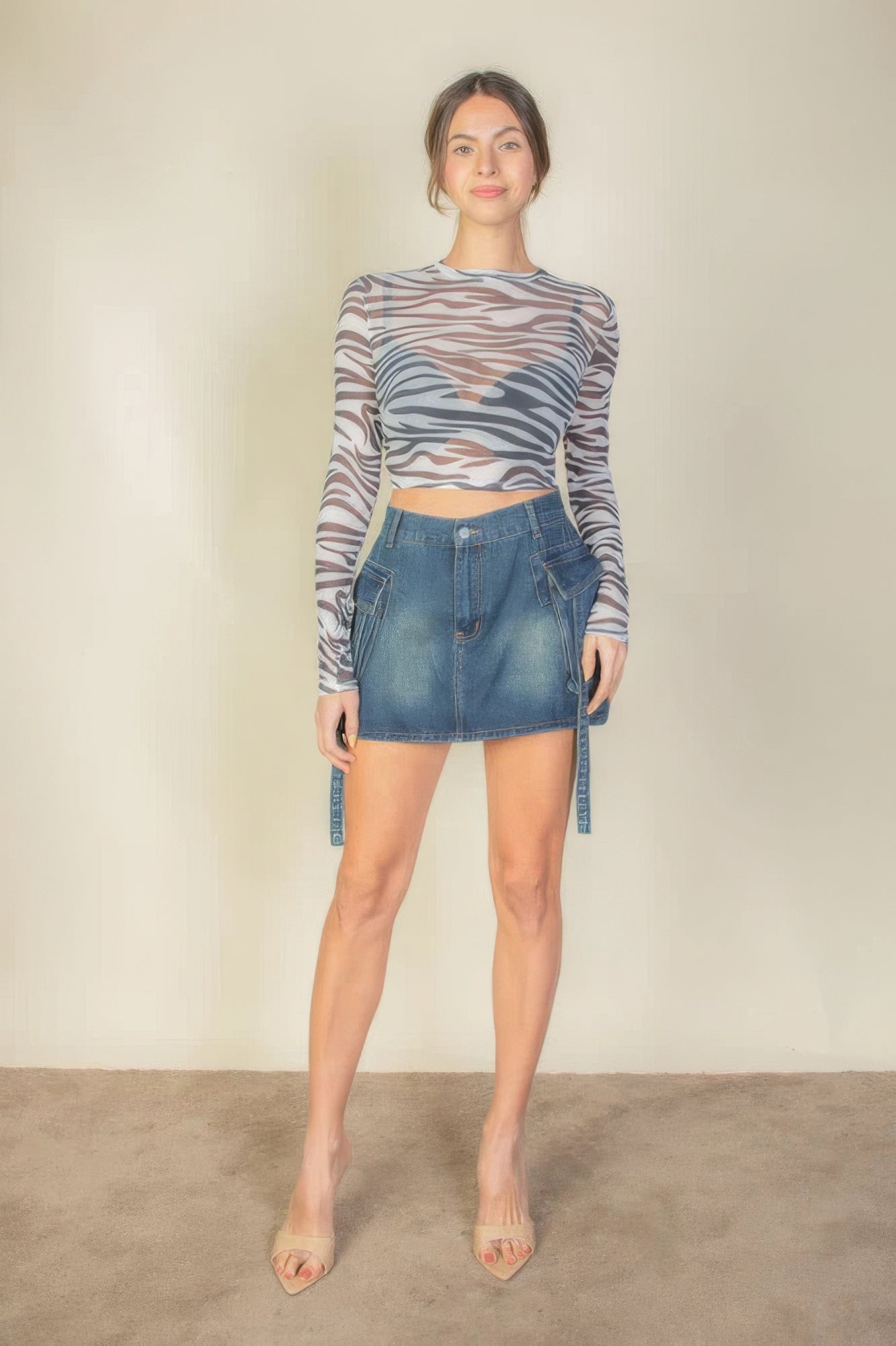 Women's Sheer Mesh Crop Top Zebra Print Round Neck Long Sleeve Stretch T-shirt