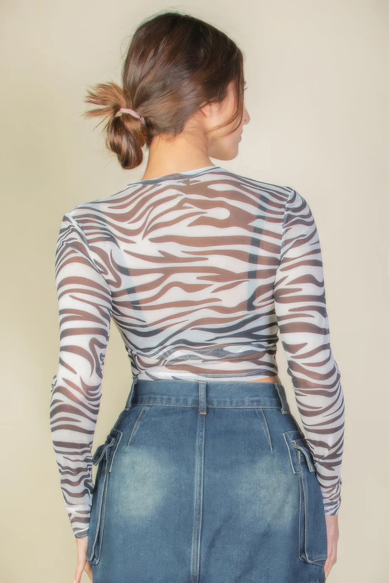 Women's Sheer Mesh Crop Top Zebra Print Round Neck Long Sleeve Stretch T-shirt