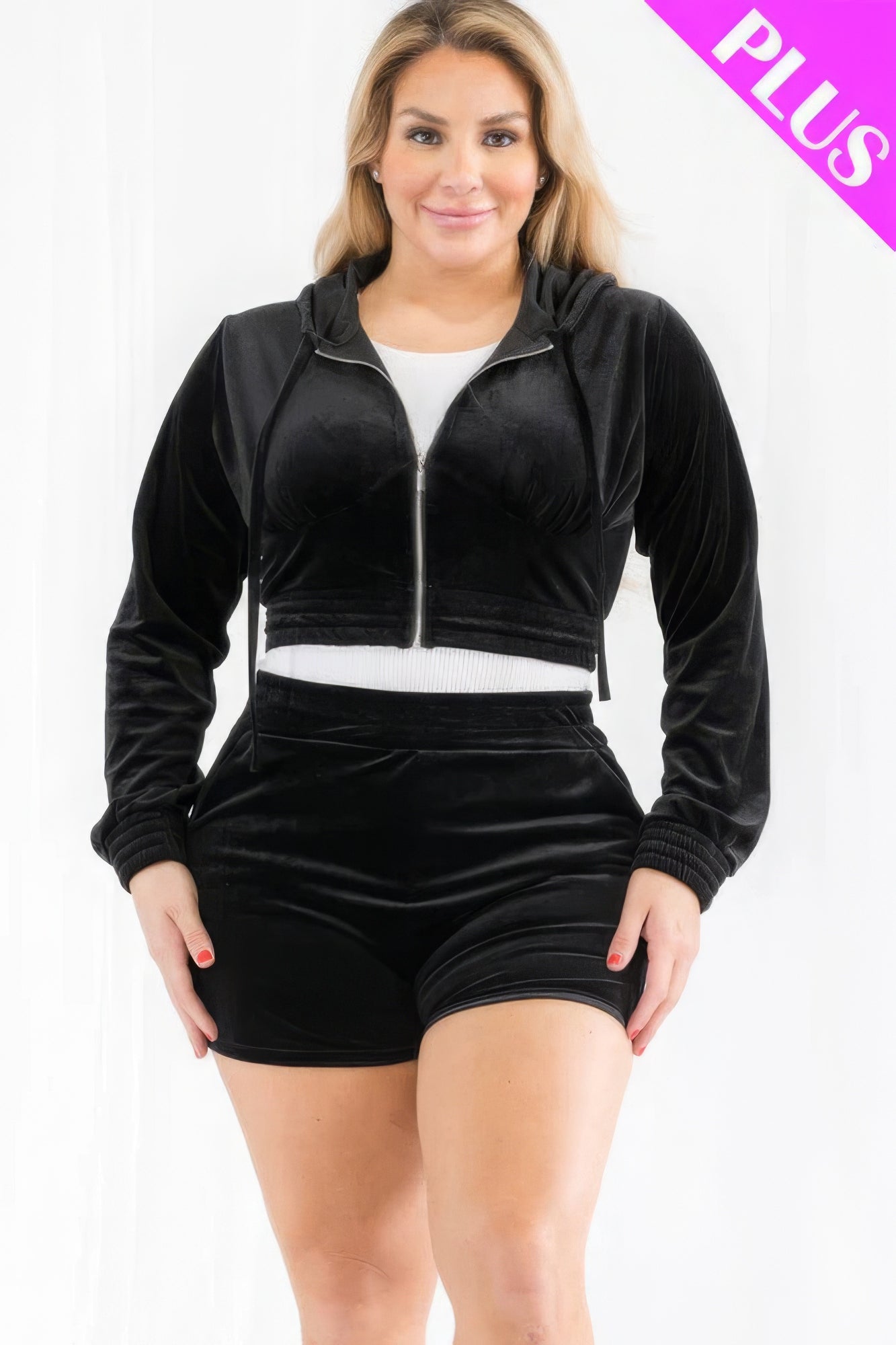 Women Plus Size Velour Crop Zip Up Hoodie Top & Shorts Set Loungewear (1X,2X,3X)