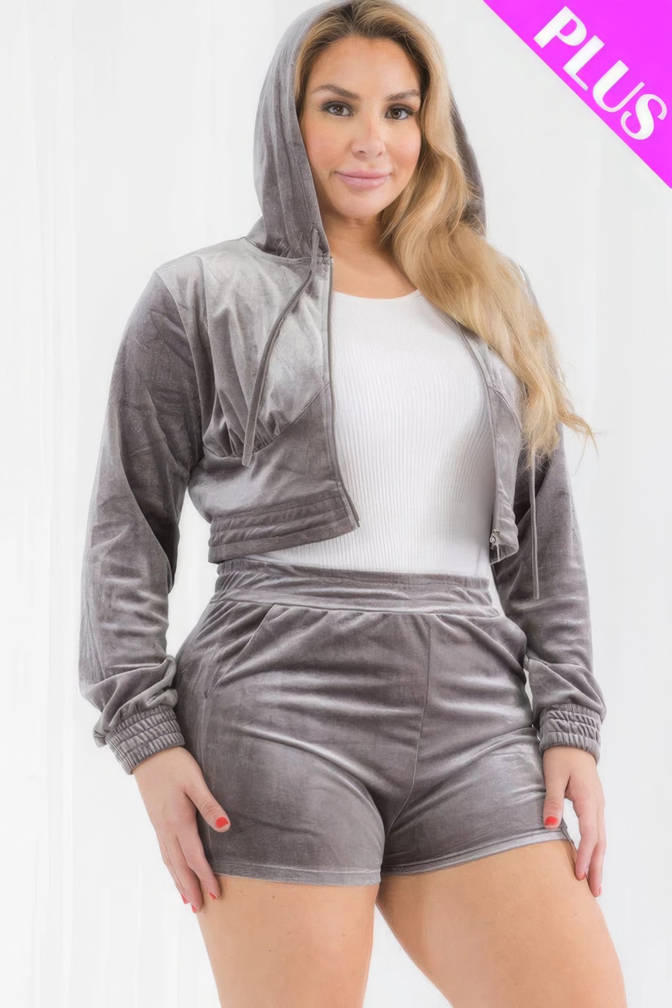 Women Plus Size Velour Crop Zip Up Hoodie Top & Shorts Set Loungewear (1X,2X,3X)