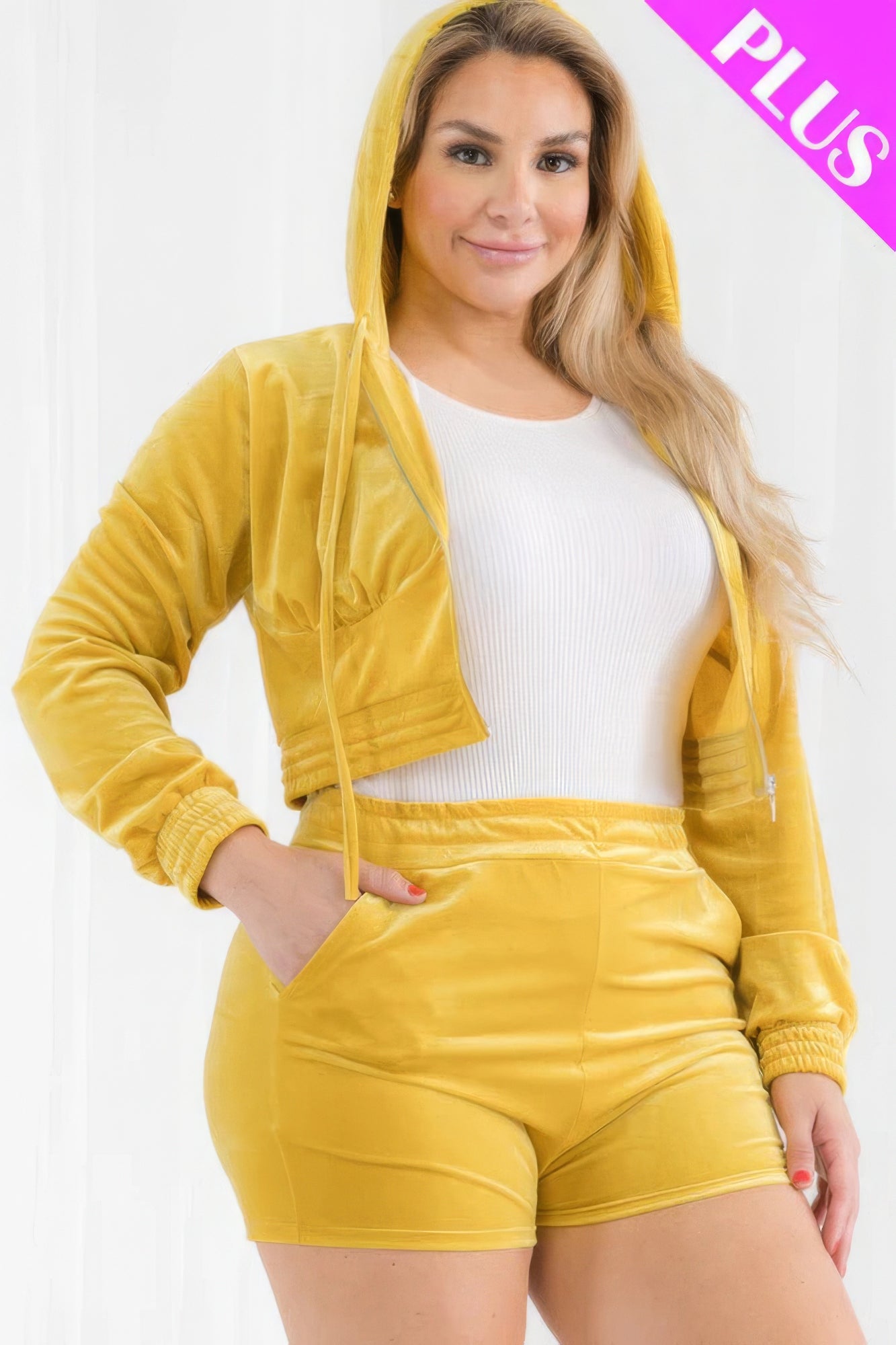 Women Plus Size Velour Crop Zip Up Hoodie Top & Shorts Set Loungewear (1X,2X,3X)