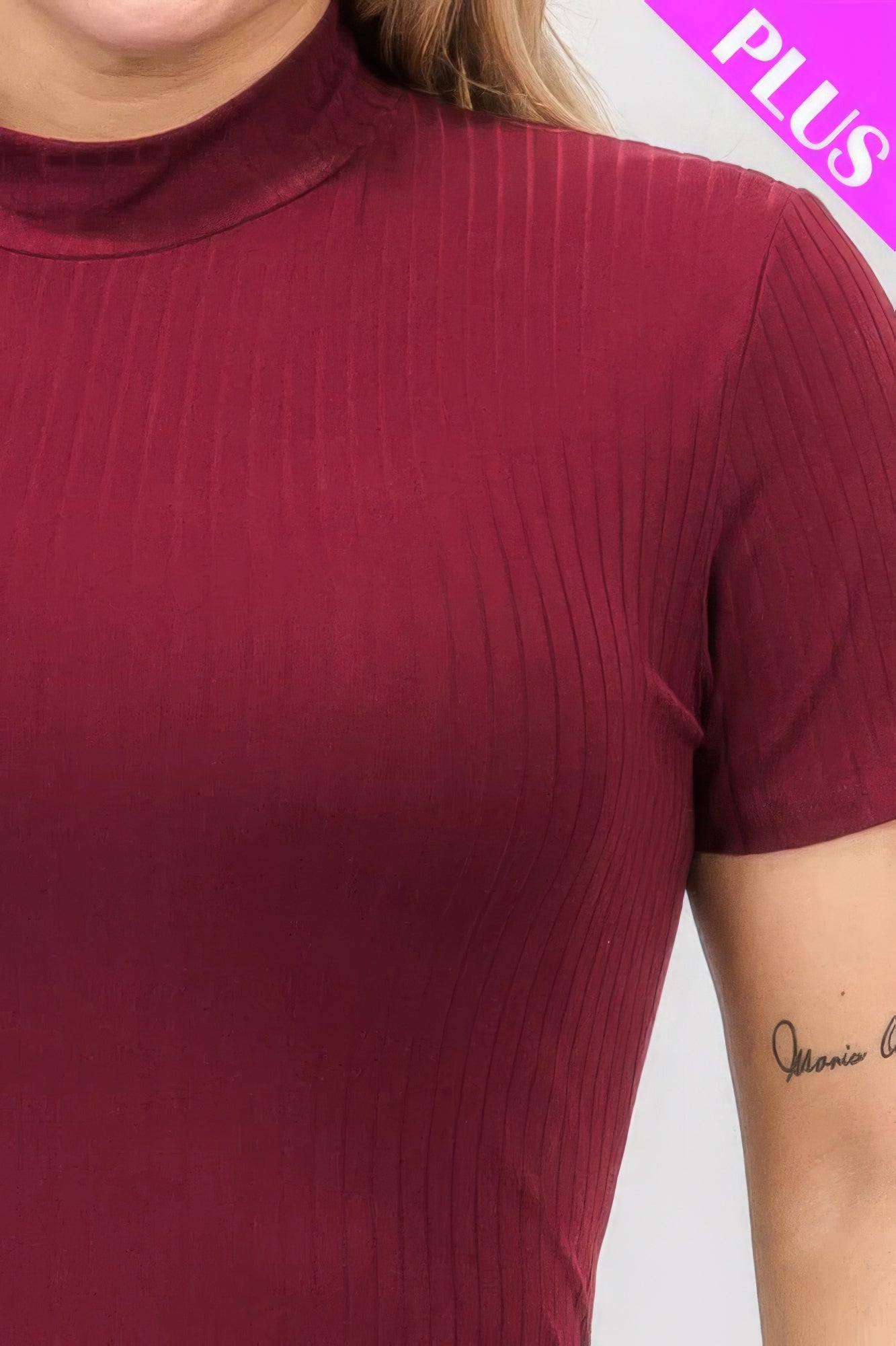 Women's Plus Ribbed Bodysuit Short Sleeve Mock Neck Stretch T-Shirt (1X,2X,3X)