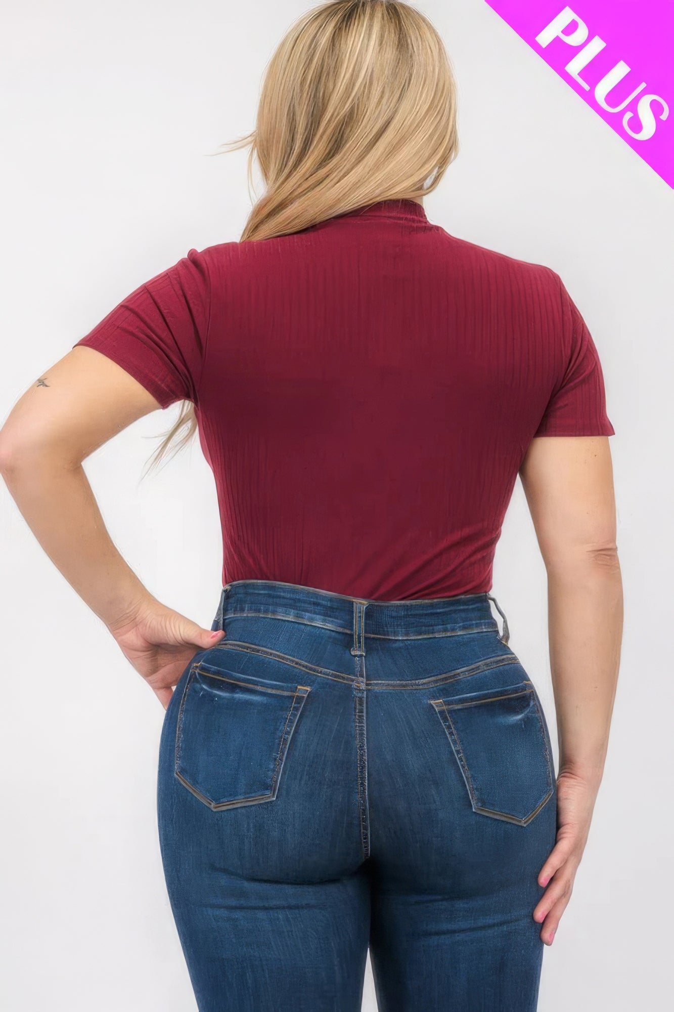 Women's Plus Ribbed Bodysuit Short Sleeve Mock Neck Stretch T-Shirt (1X,2X,3X)