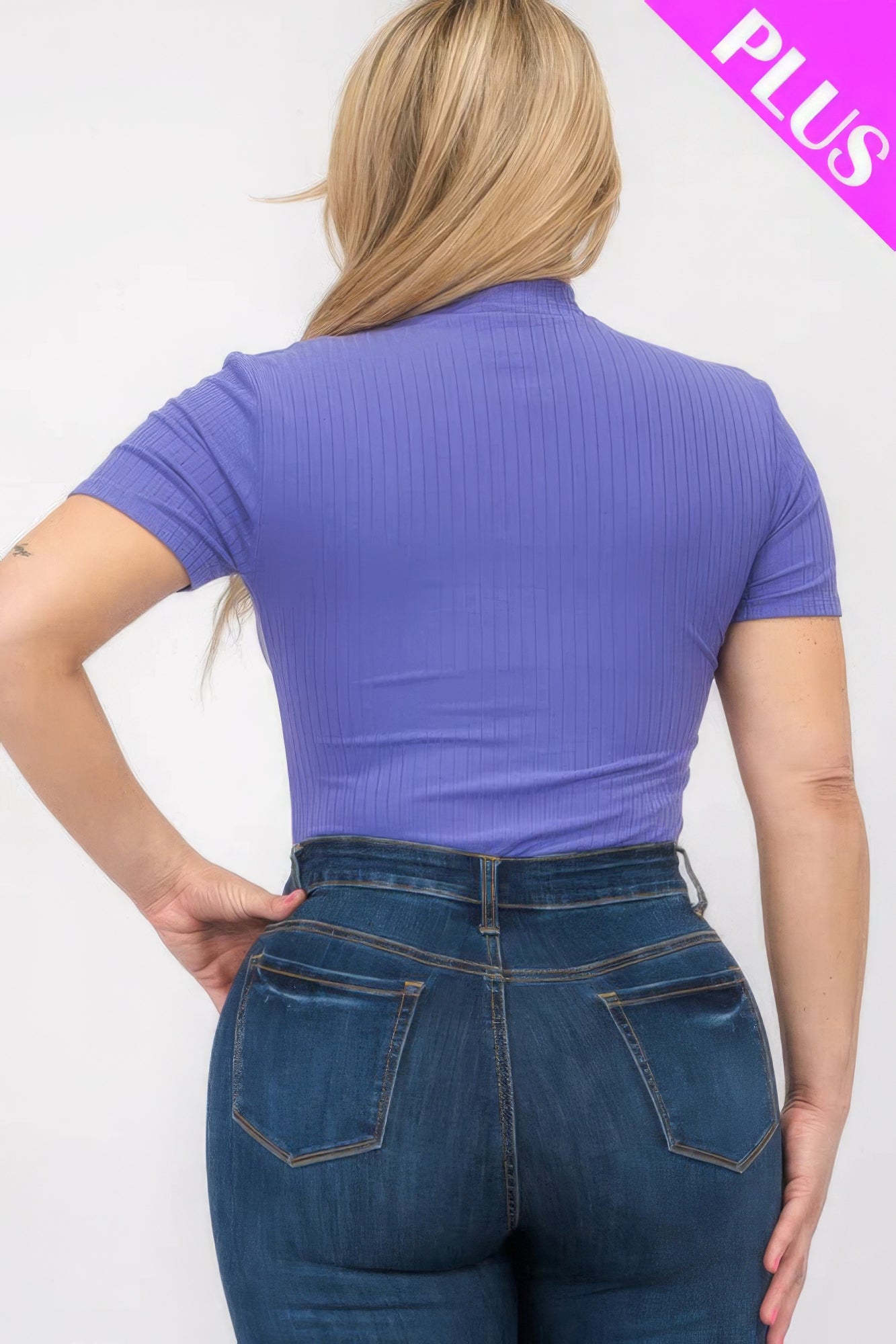 Women's Plus Ribbed Bodysuit Short Sleeve Mock Neck Stretch T-Shirt (1X,2X,3X)