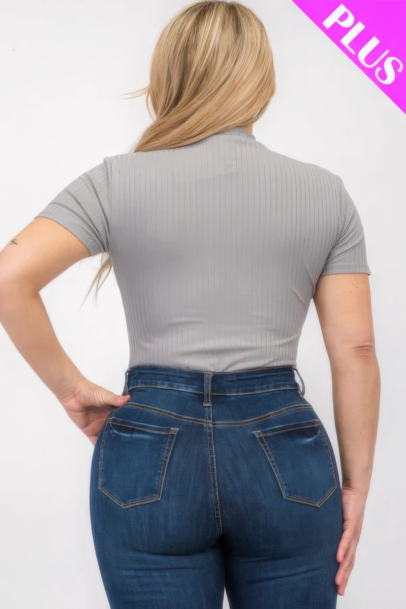 Women's Plus Ribbed Bodysuit Short Sleeve Mock Neck Stretch T-Shirt (1X,2X,3X)