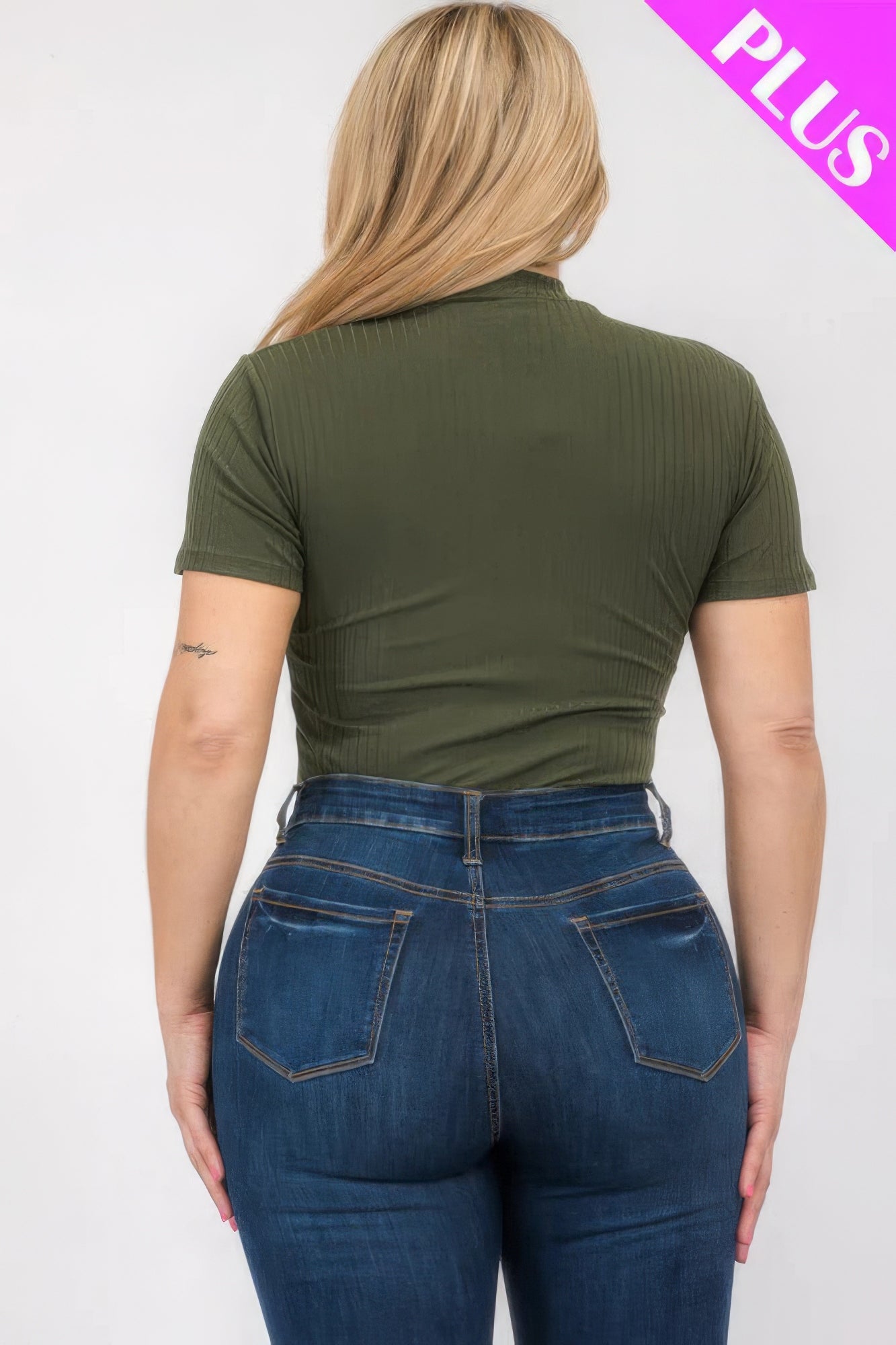 Women's Plus Ribbed Bodysuit Short Sleeve Mock Neck Stretch T-Shirt (1X,2X,3X)