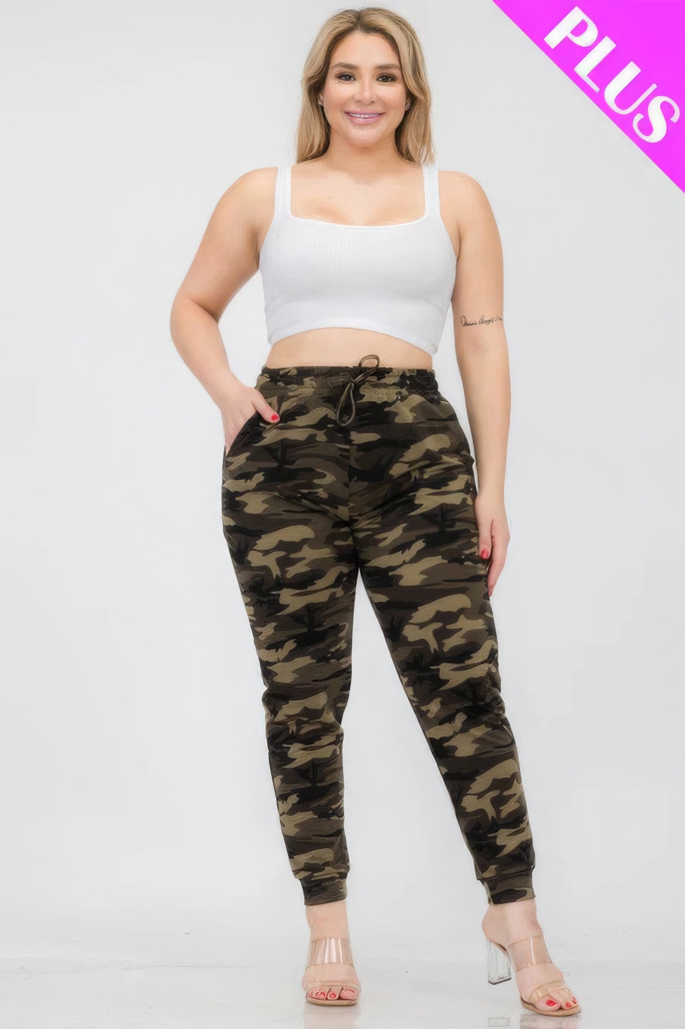 Women Plus French Terry Camo Printed Jogger Sweatpants Workout Lounge (1X,2X,3X)