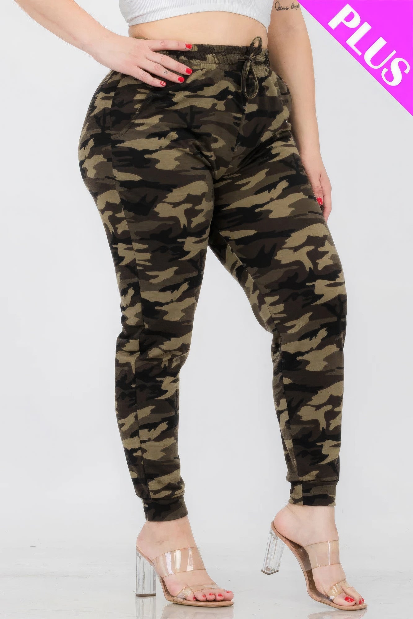 Women Plus French Terry Camo Printed Jogger Sweatpants Workout Lounge (1X,2X,3X)