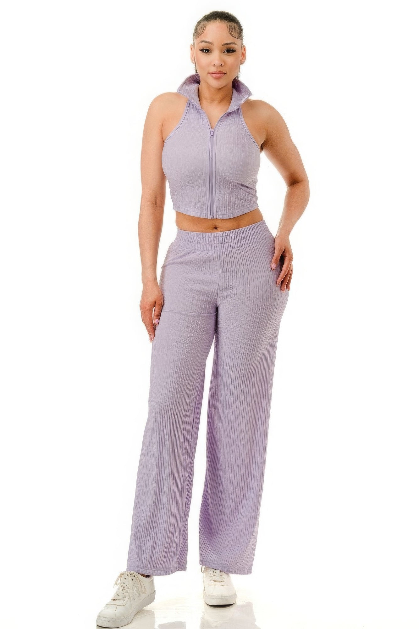 Women's Crinkle Textured Cropped Collar Zip Up Top & Wide Pants Casual Party Set