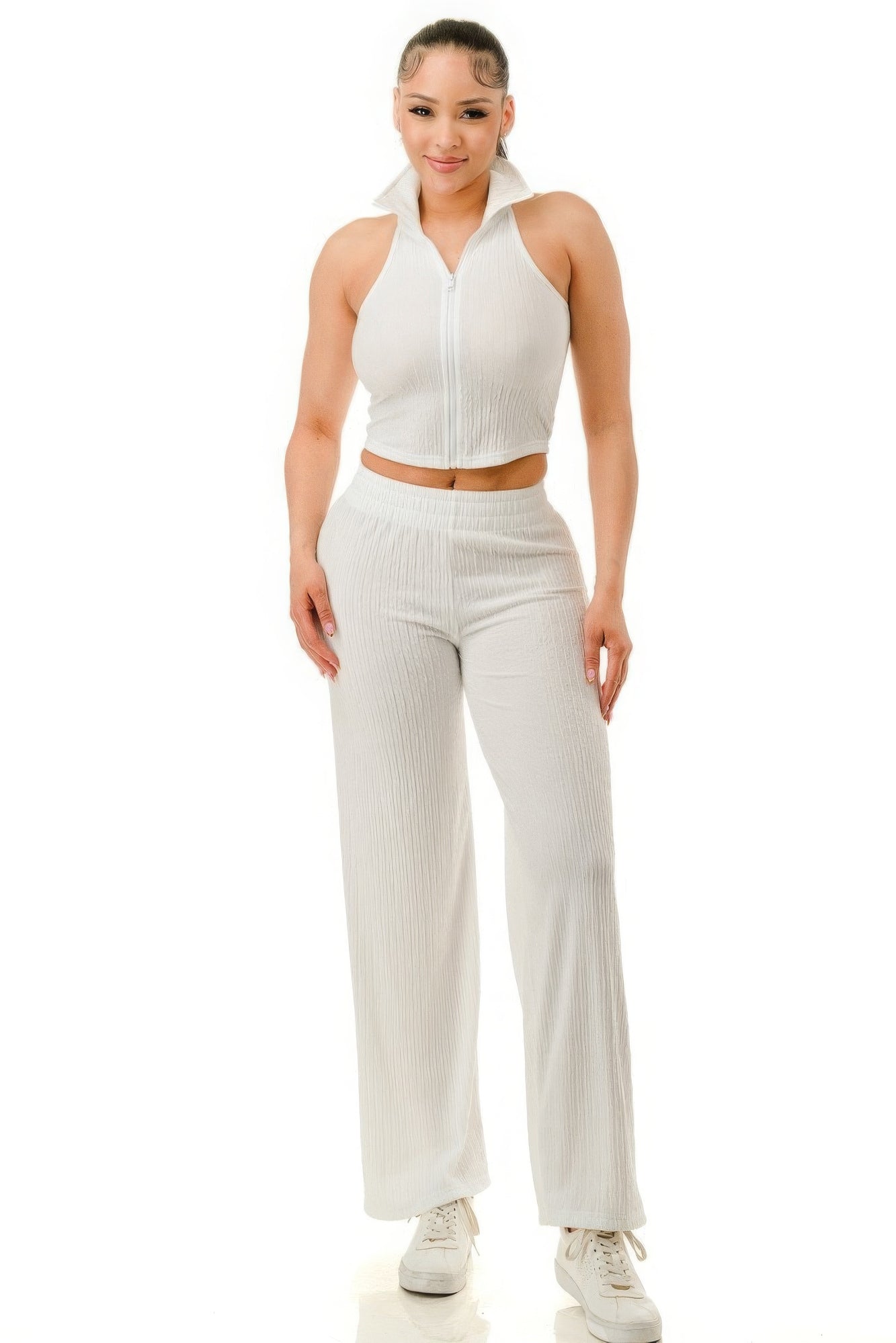 Women's Crinkle Textured Cropped Collar Zip Up Top & Wide Pants Casual Party Set