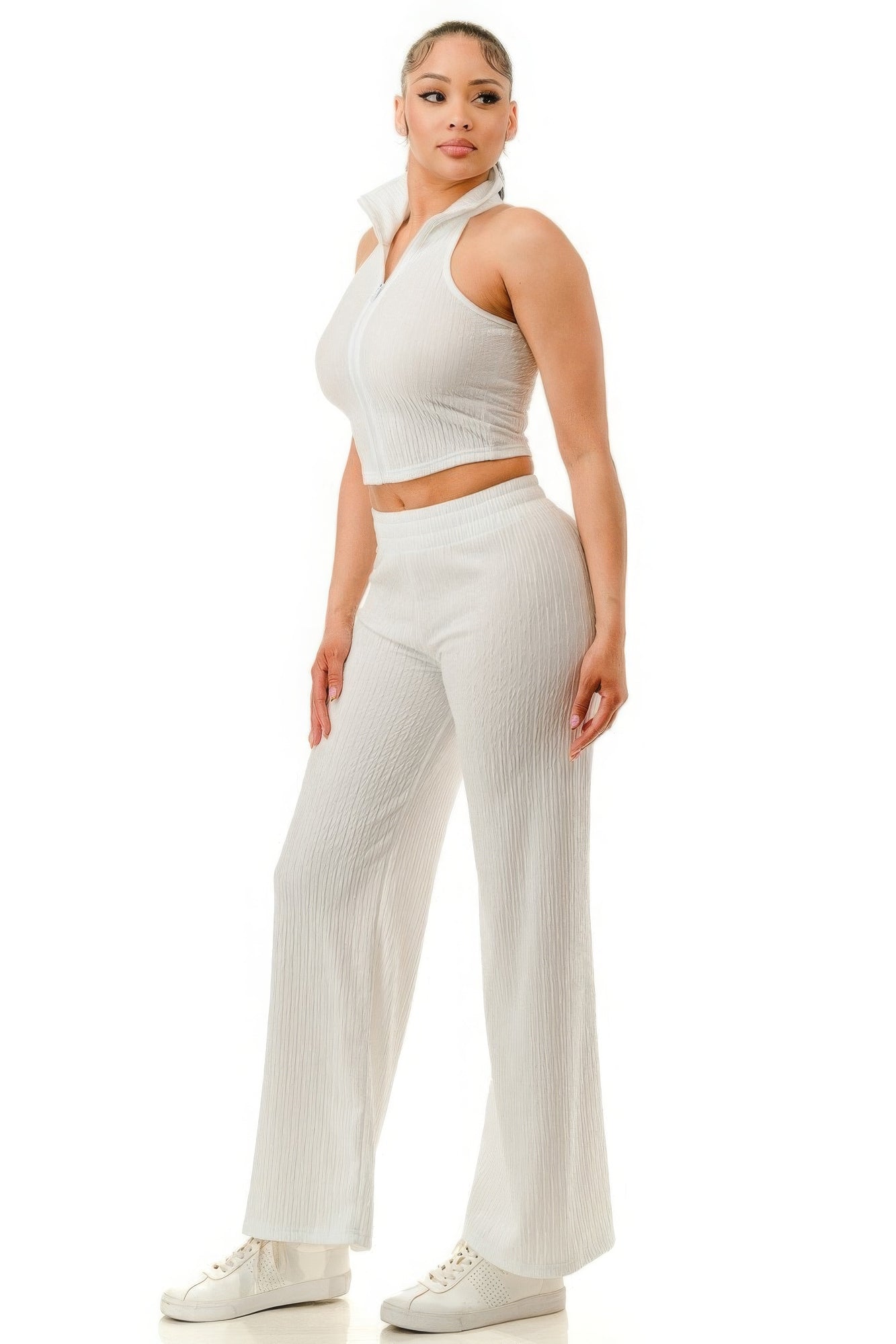 Women's Crinkle Textured Cropped Collar Zip Up Top & Wide Pants Casual Party Set