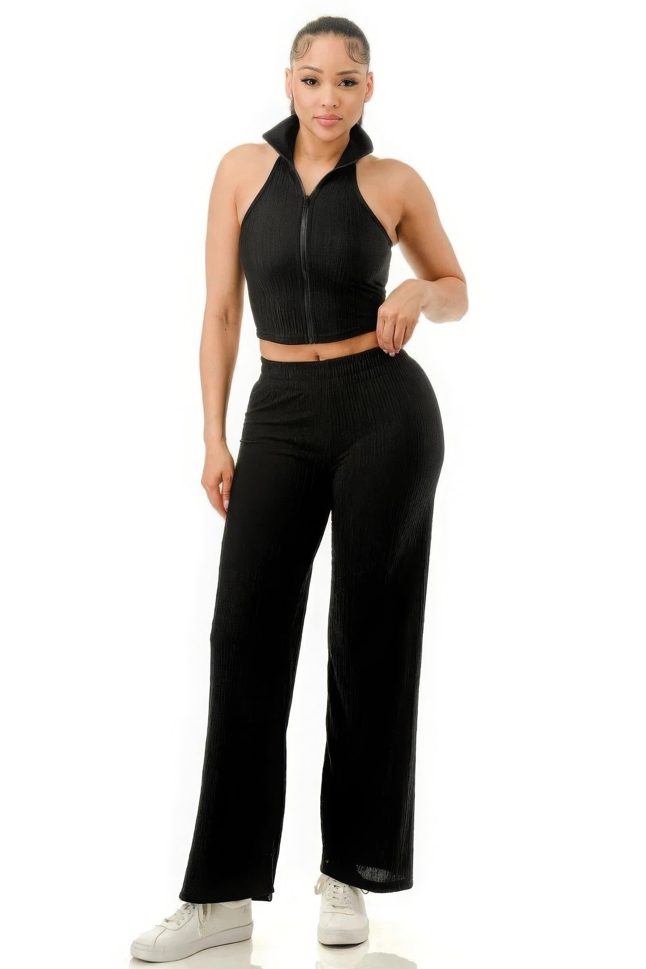 Women's Crinkle Textured Cropped Collar Zip Up Top & Wide Pants Casual Party Set