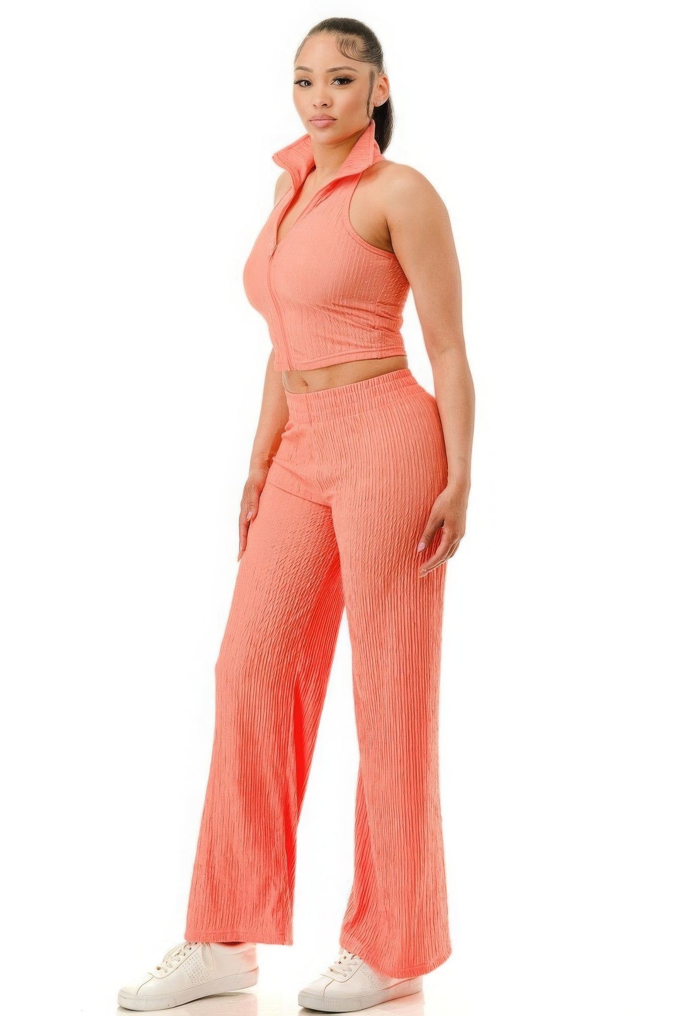 Women's Crinkle Textured Cropped Collar Zip Up Top & Wide Pants Casual Party Set