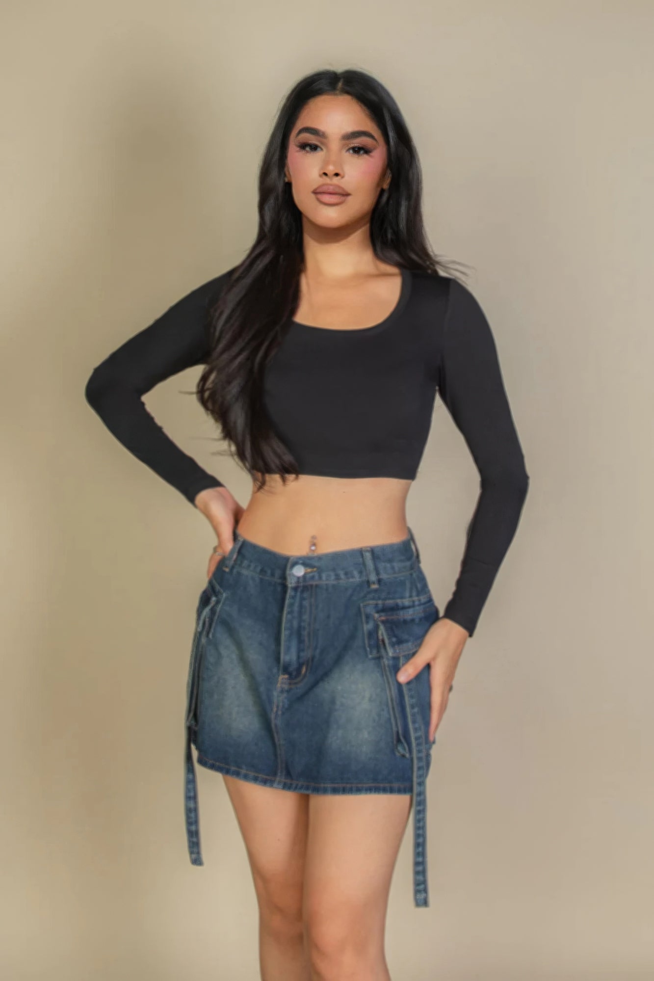 Women's Basic Long Sleeve Cropped Top Square Neck Stretch Rib Knit T-Shirt Solid