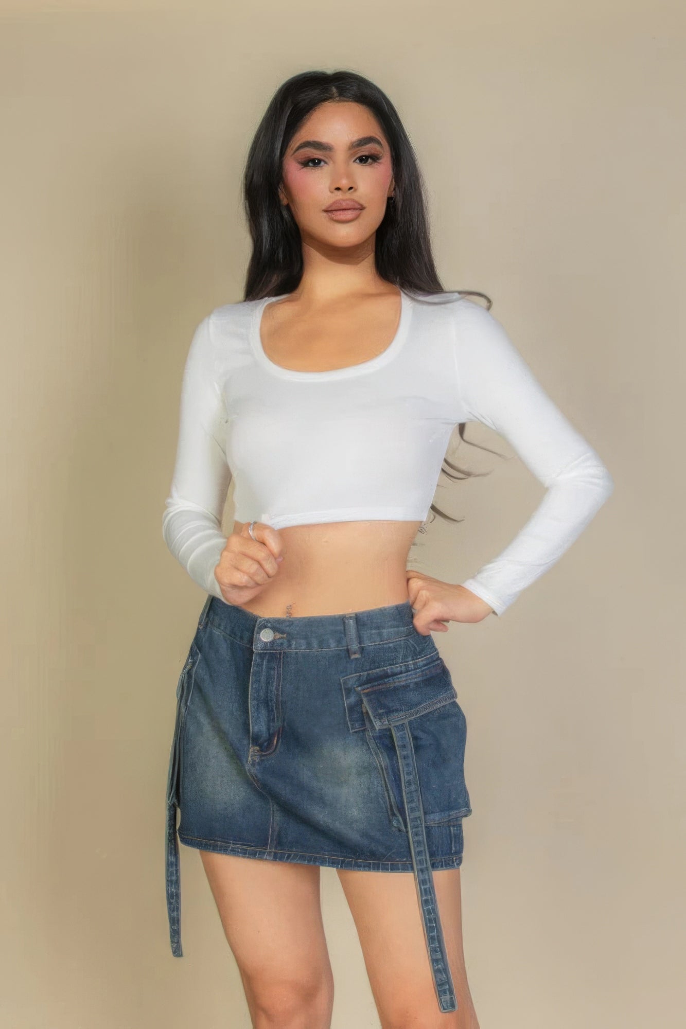 Women's Basic Long Sleeve Cropped Top Square Neck Stretch Rib Knit T-Shirt Solid