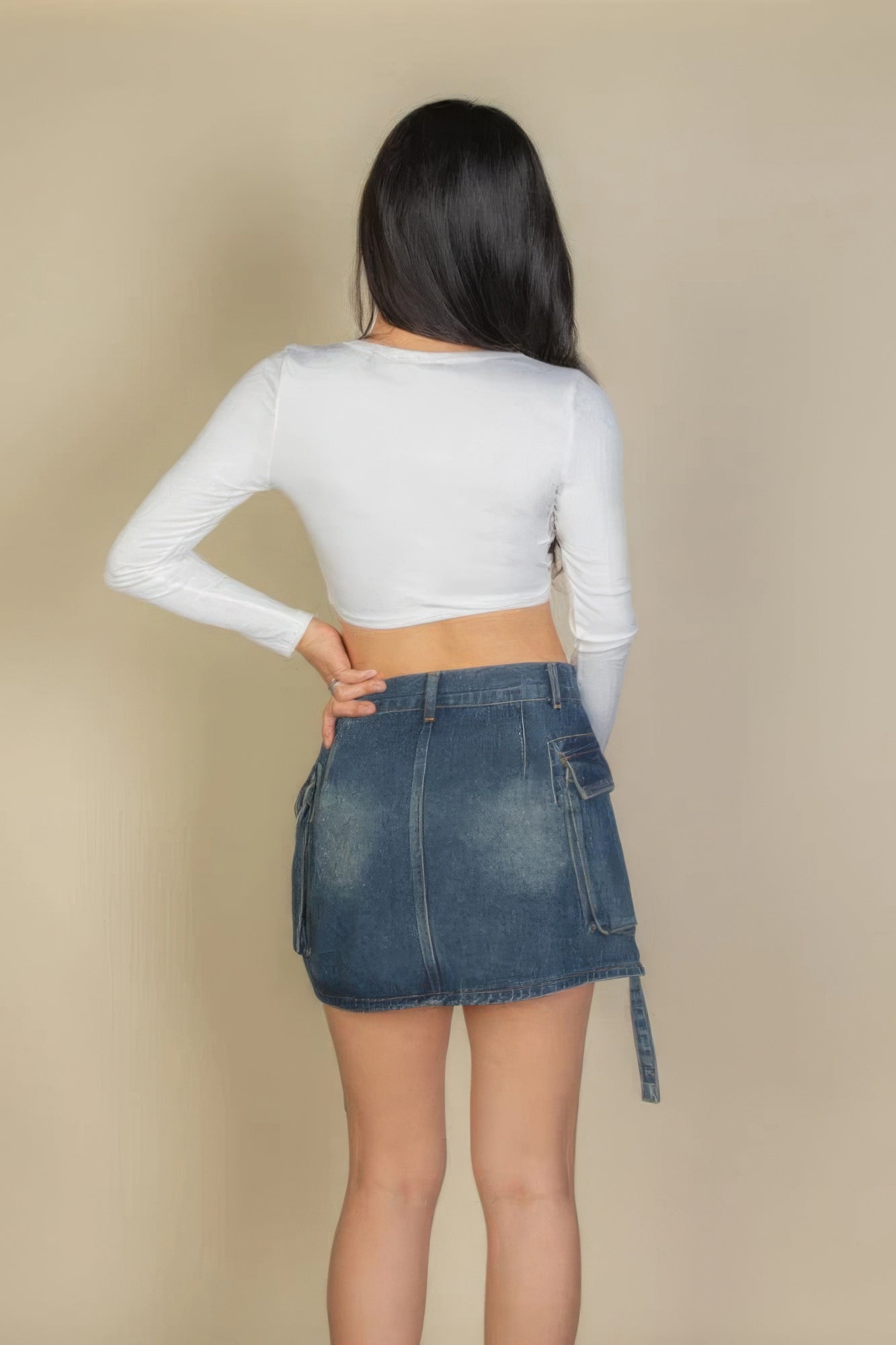 Women's Basic Long Sleeve Cropped Top Square Neck Stretch Rib Knit T-Shirt Solid