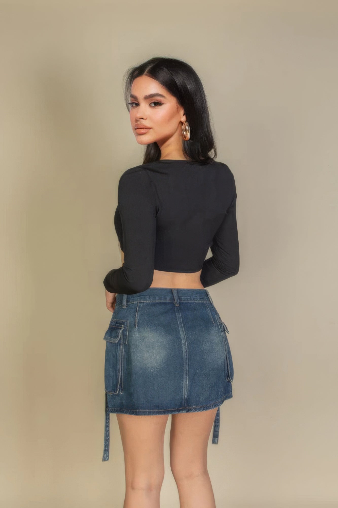 Women's Basic Long Sleeve Cropped Top Square Neck Stretch Rib Knit T-Shirt Solid