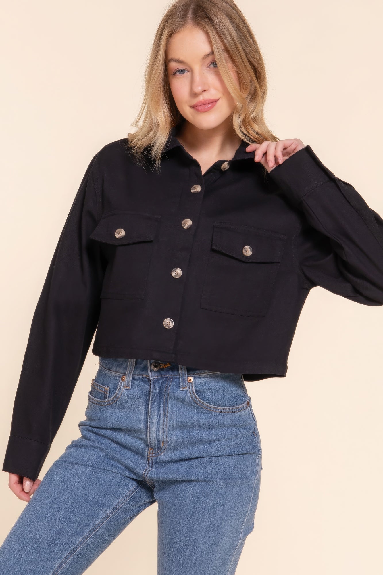 Women Cotton Twill Cropped Shacket Jacket Long Sleeve Button Down Casual Shirt