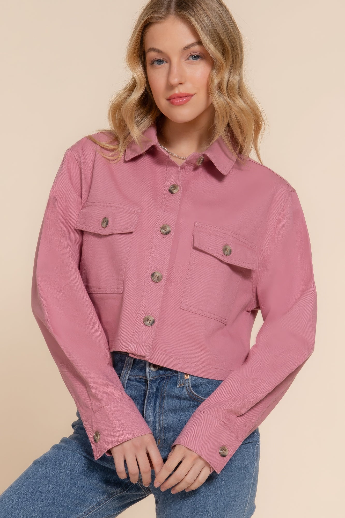 Women Cotton Twill Cropped Shacket Jacket Long Sleeve Button Down Casual Shirt