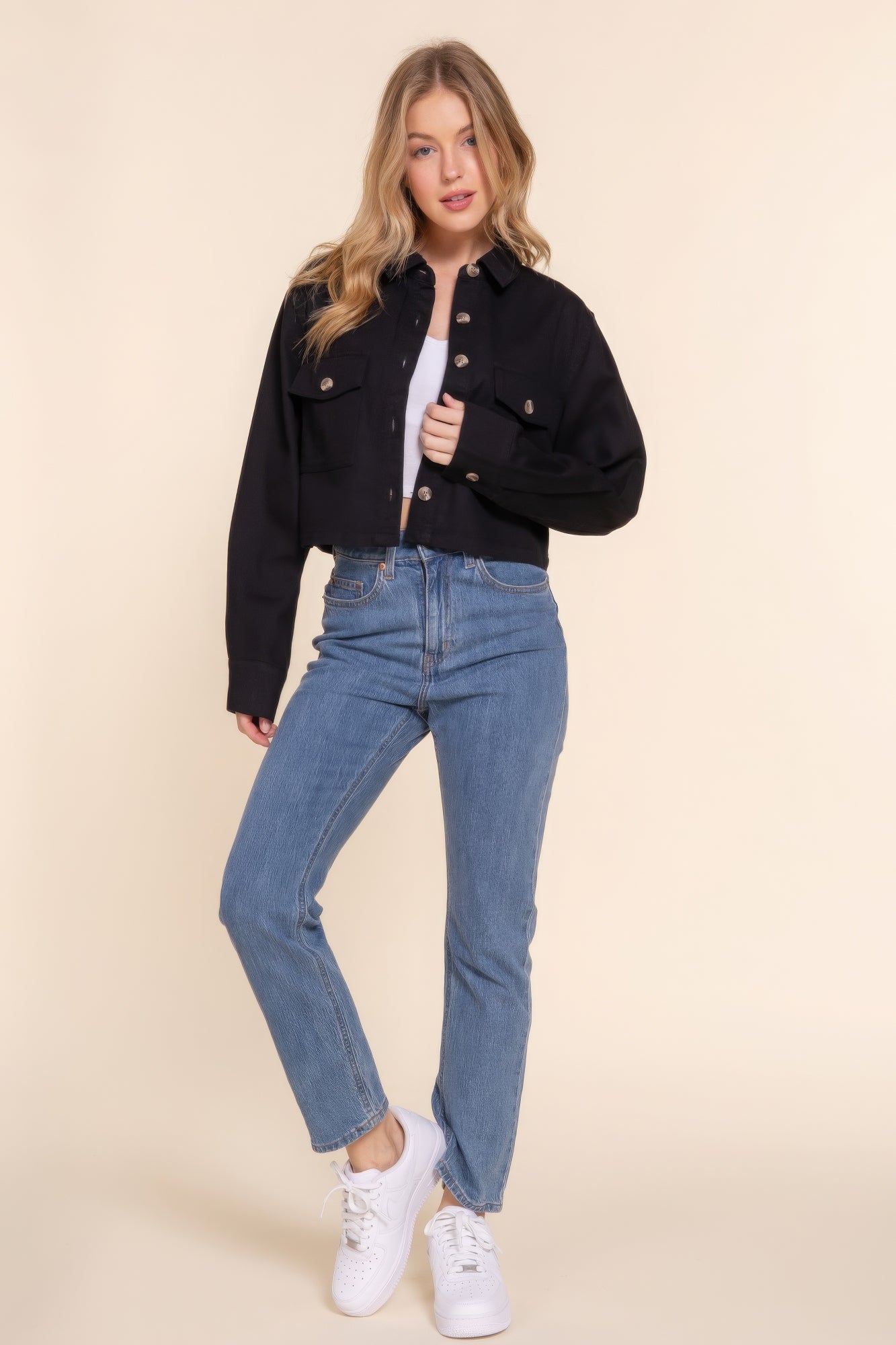 Women Cotton Twill Cropped Shacket Jacket Long Sleeve Button Down Casual Shirt