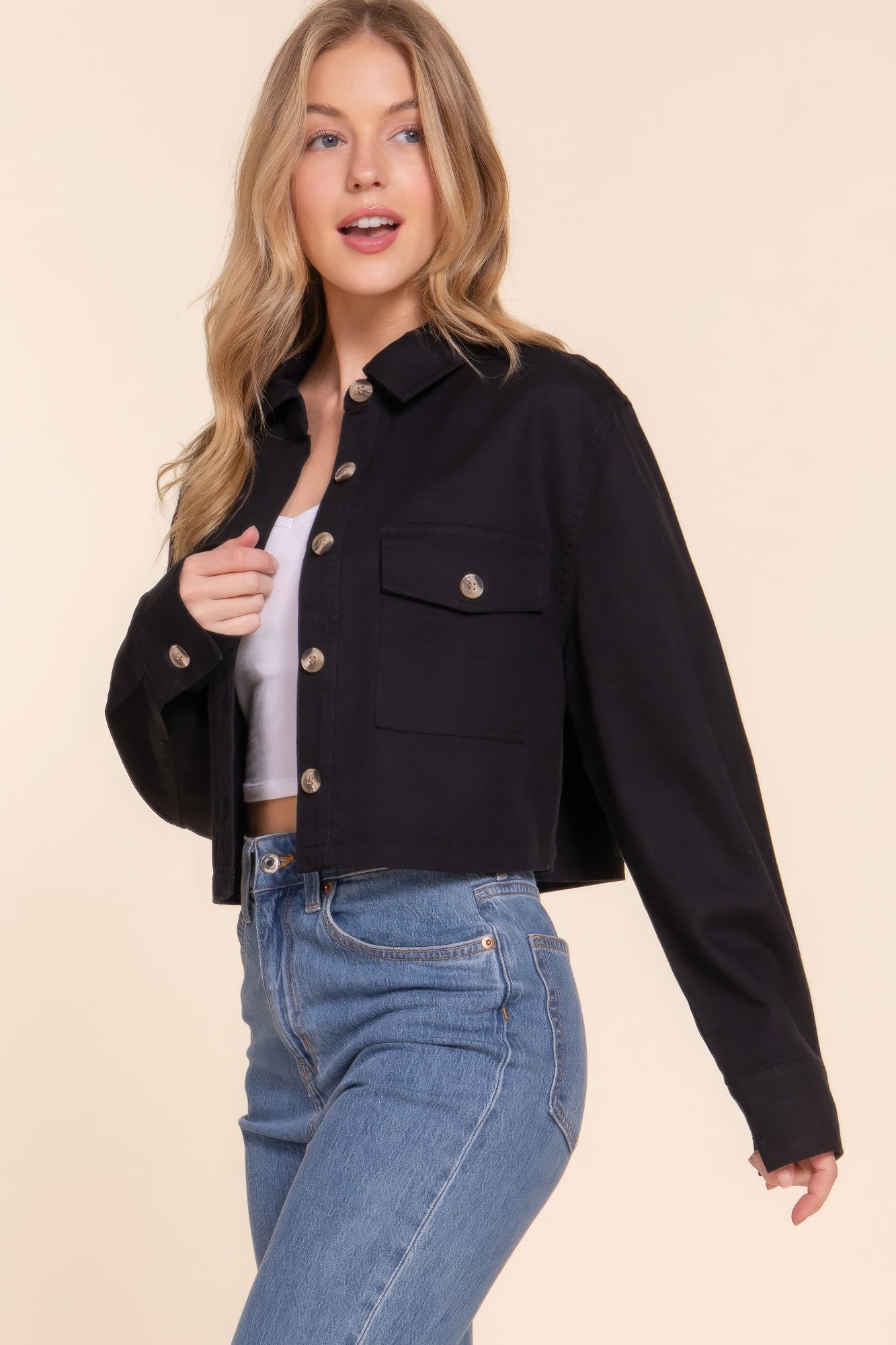 Women Cotton Twill Cropped Shacket Jacket Long Sleeve Button Down Casual Shirt