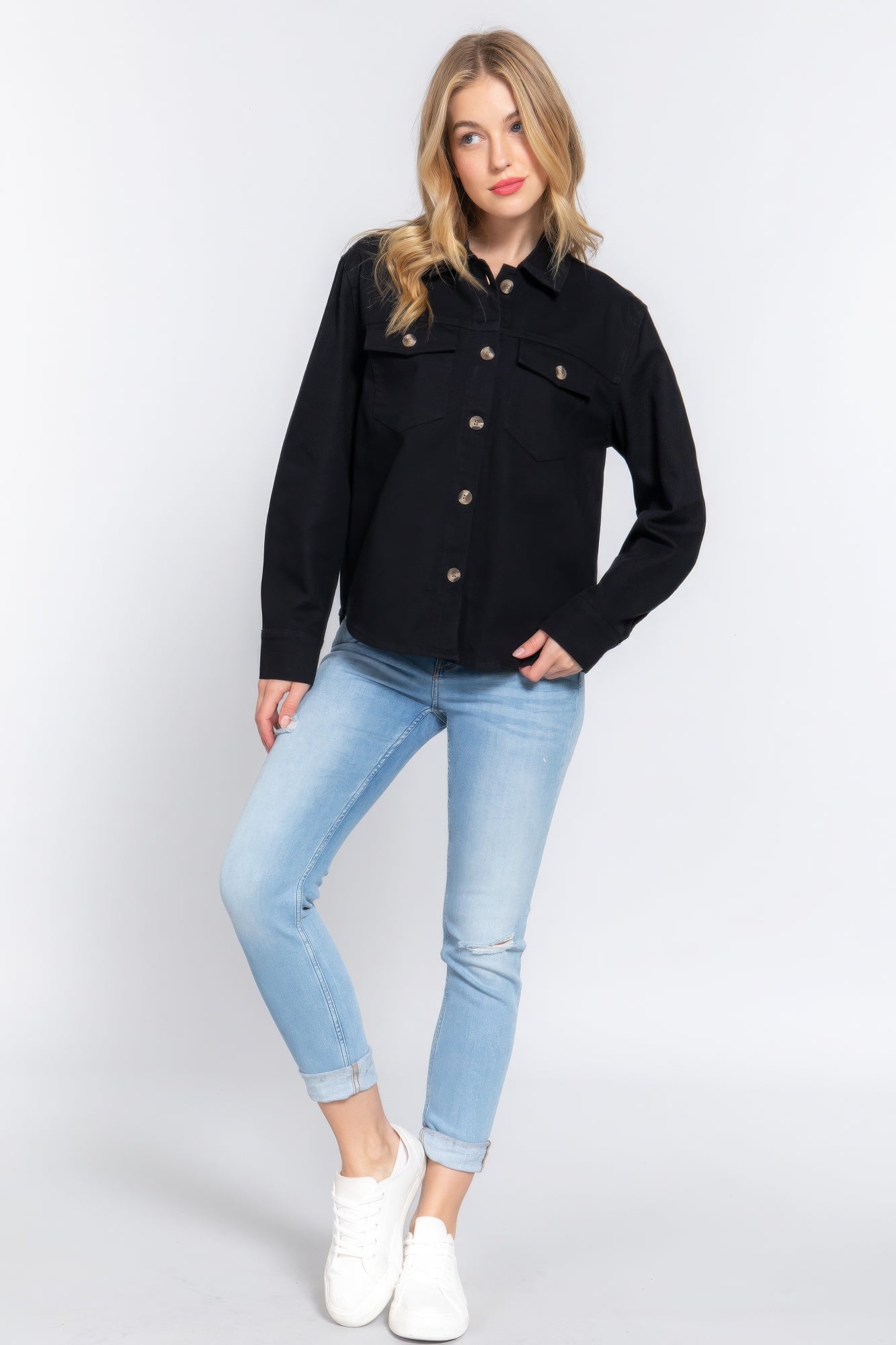 Women's Cotton Denim Shacket Jacket Long Sleeve Button Down Casual Shirt Coat