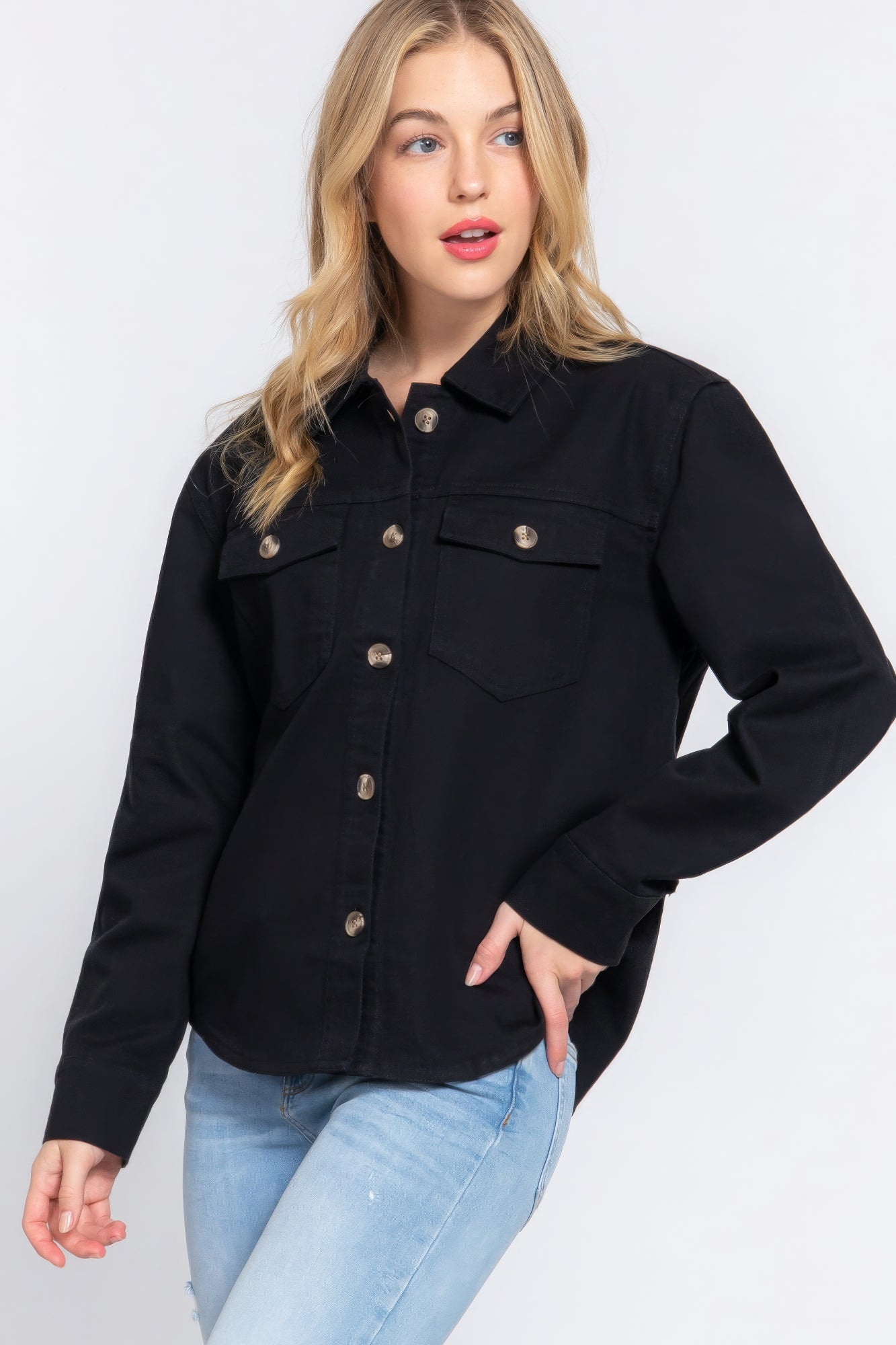 Women's Cotton Denim Shacket Jacket Long Sleeve Button Down Casual Shirt Coat