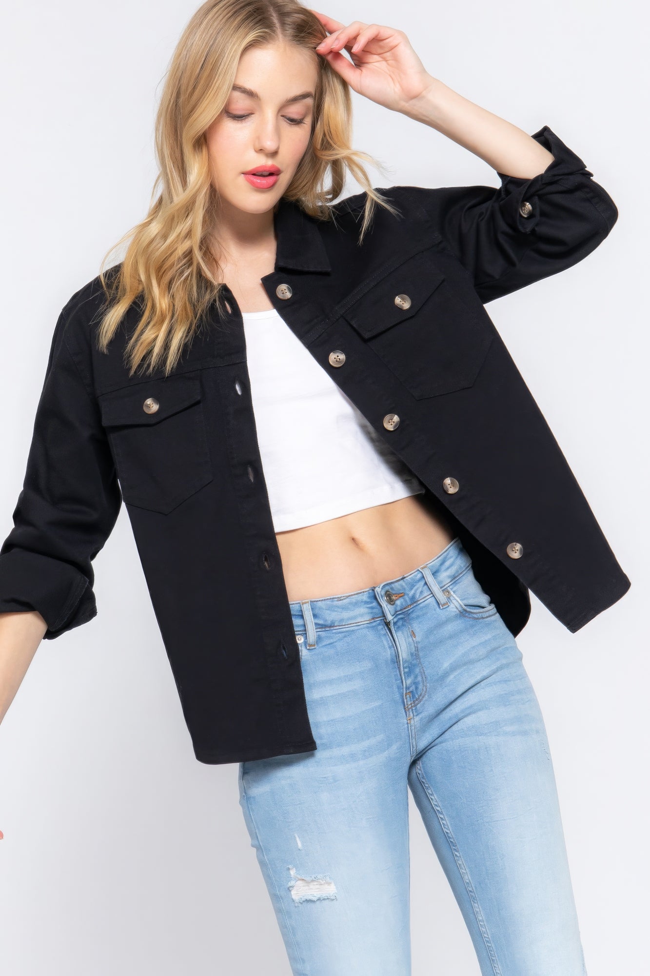 Women's Cotton Denim Shacket Jacket Long Sleeve Button Down Casual Shirt Coat
