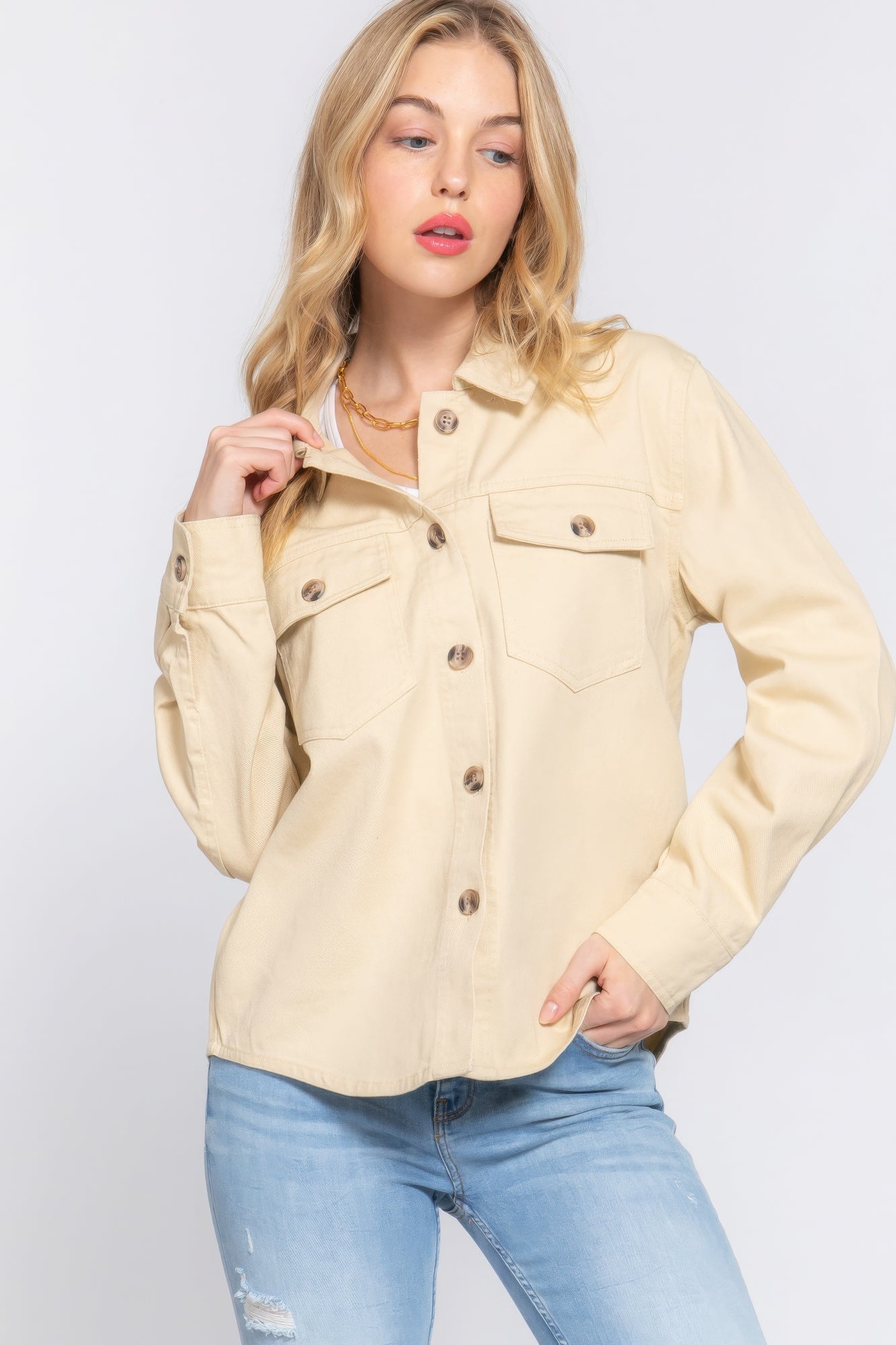 Women's Cotton Denim Shacket Jacket Long Sleeve Button Down Casual Shirt Coat