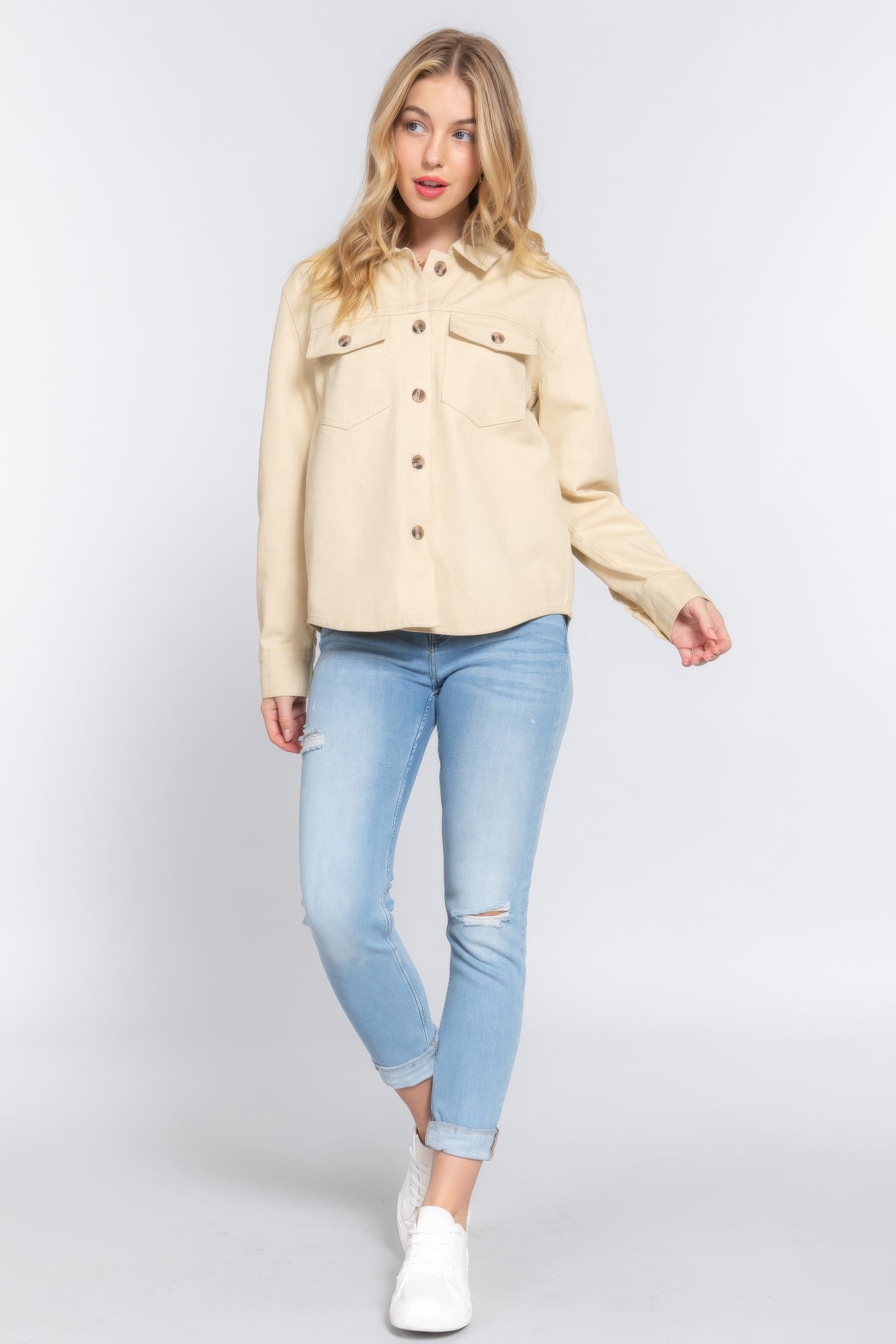 Women's Cotton Denim Shacket Jacket Long Sleeve Button Down Casual Shirt Coat