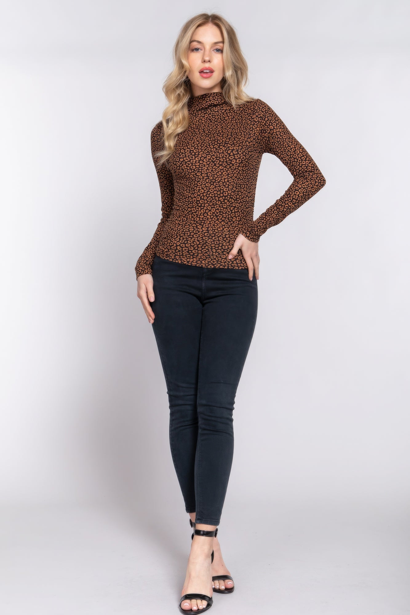 Women's Basic Mock Neck Top Soft Stretch Animal Print Knit Long Sleeve Shirt